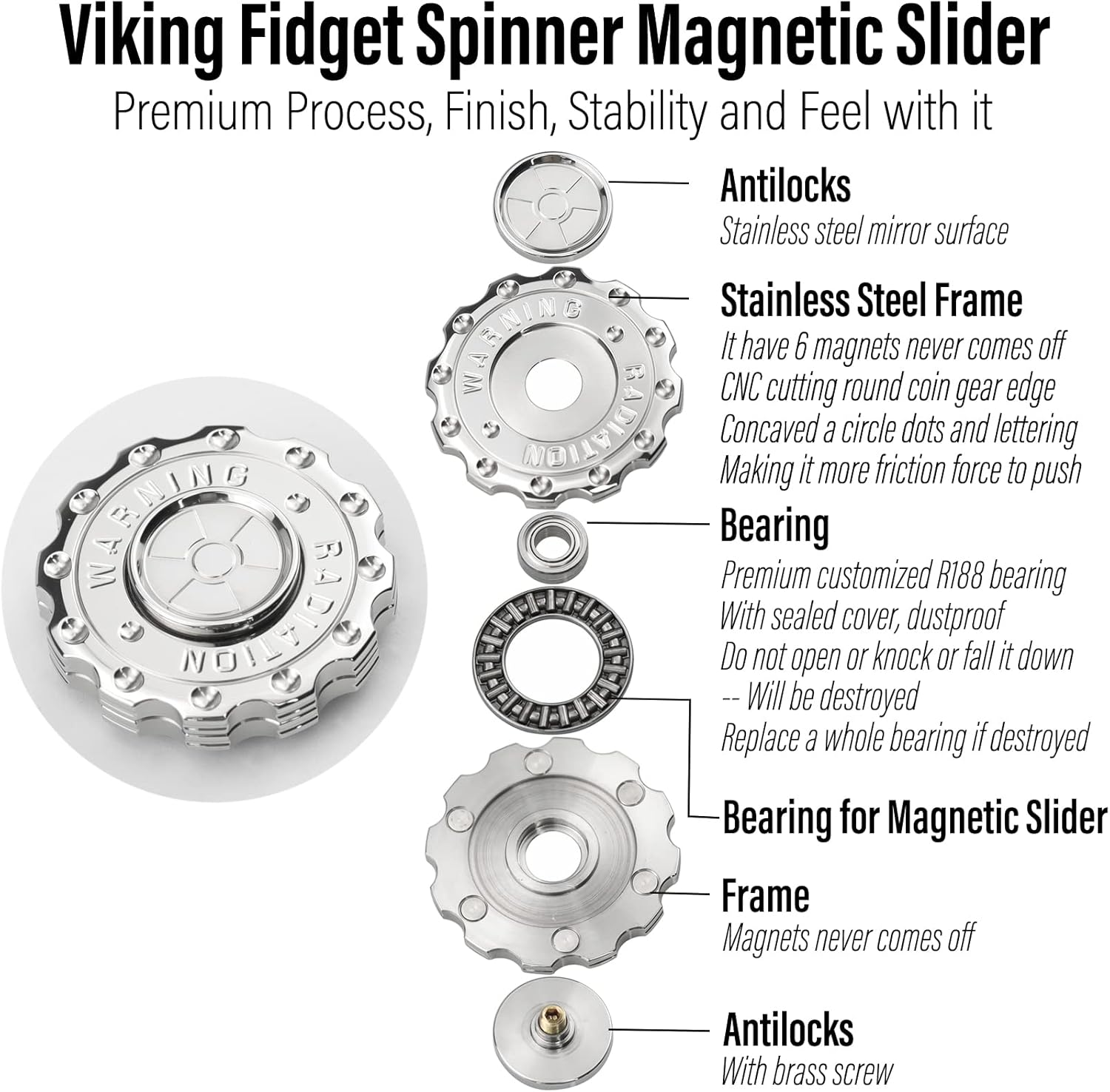 FREELOVE Viking Pirate Magnetic Slider & Fidget Spinners for Adults, Heavy Metal Figette Spin, Premium Bearing, Silent Long Spinning, Small Gossip Desgin, Stainless Steel Nuc Silver