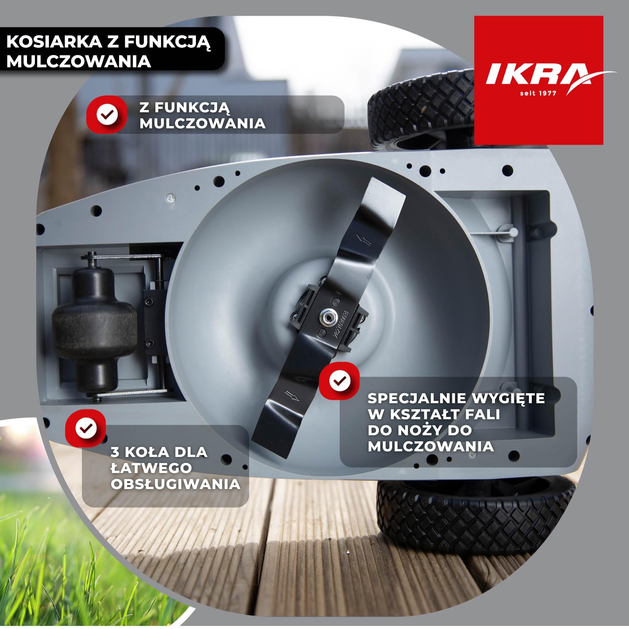 IKRA Kosiarka jednoręczna ICHM 20, akumulator 20 V, ładowarka | Z funkcją mulczowania, do małych trawników do 50m², szer. koszenia 21 cm, wys. 25–48 mm, system akumulatorowy IKRA 20V