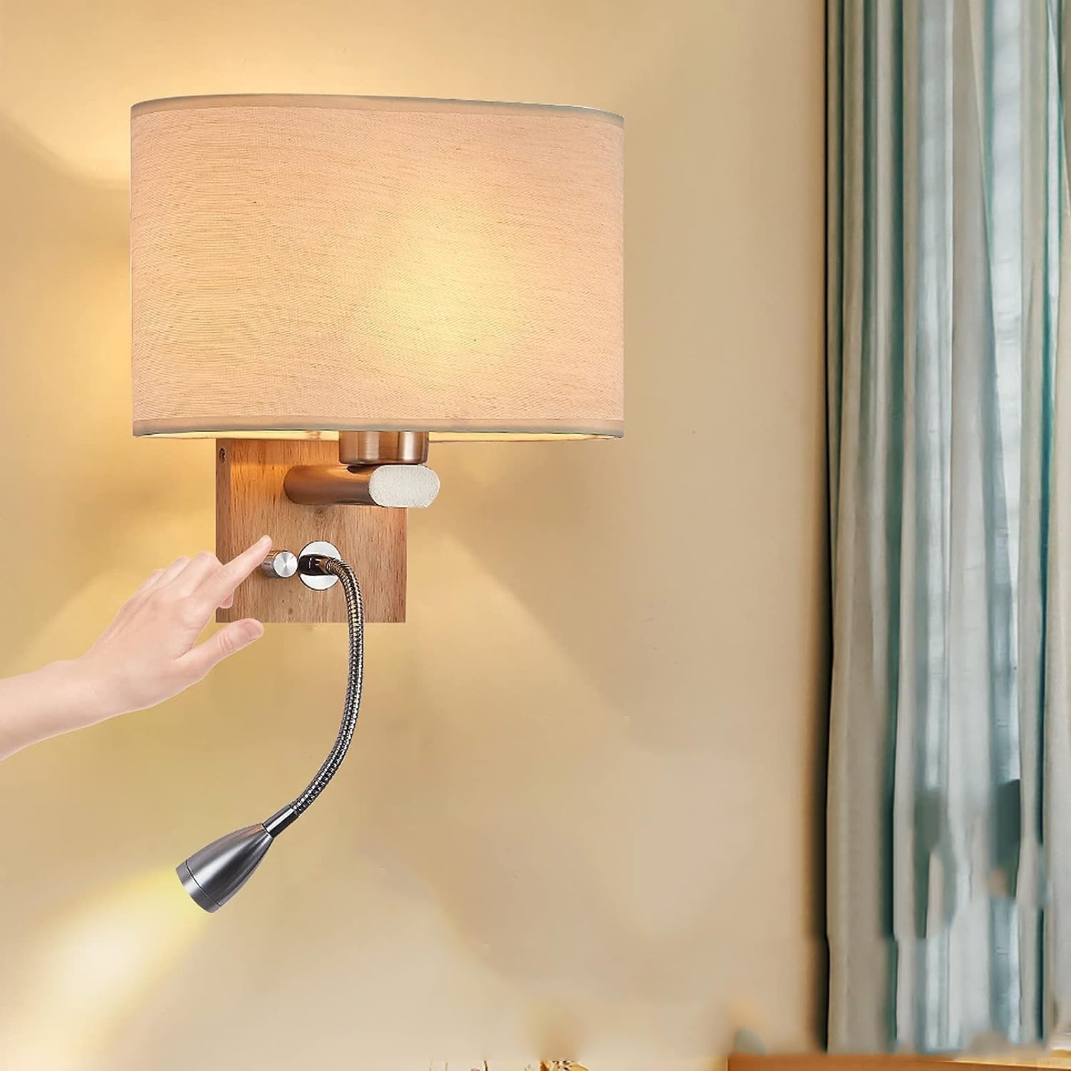 Modern Home Decoration Rustic Bedside Wall Sconce LED Reading Wall Light Fixture with Dimmer Switch Drum Shade Fabric Wall Mounted Lamp for Bedroom Headboard Living Room Farmhouse
