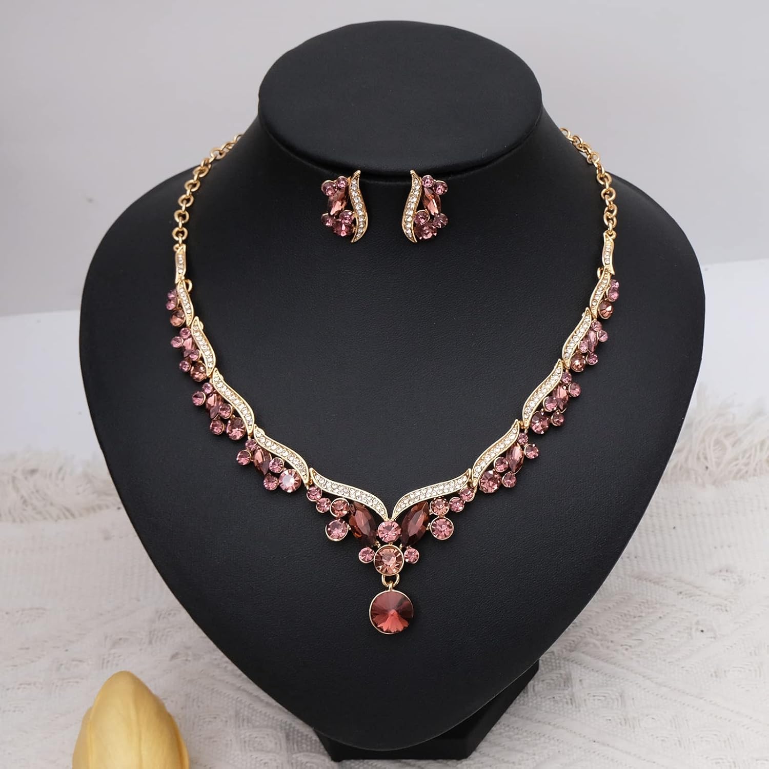 Elegant Austrian Crystal Bridal Choker Necklace Earring Link Bracelet Sets Wedding Prom Costume Jewelry For Bride Bridesmaid Women