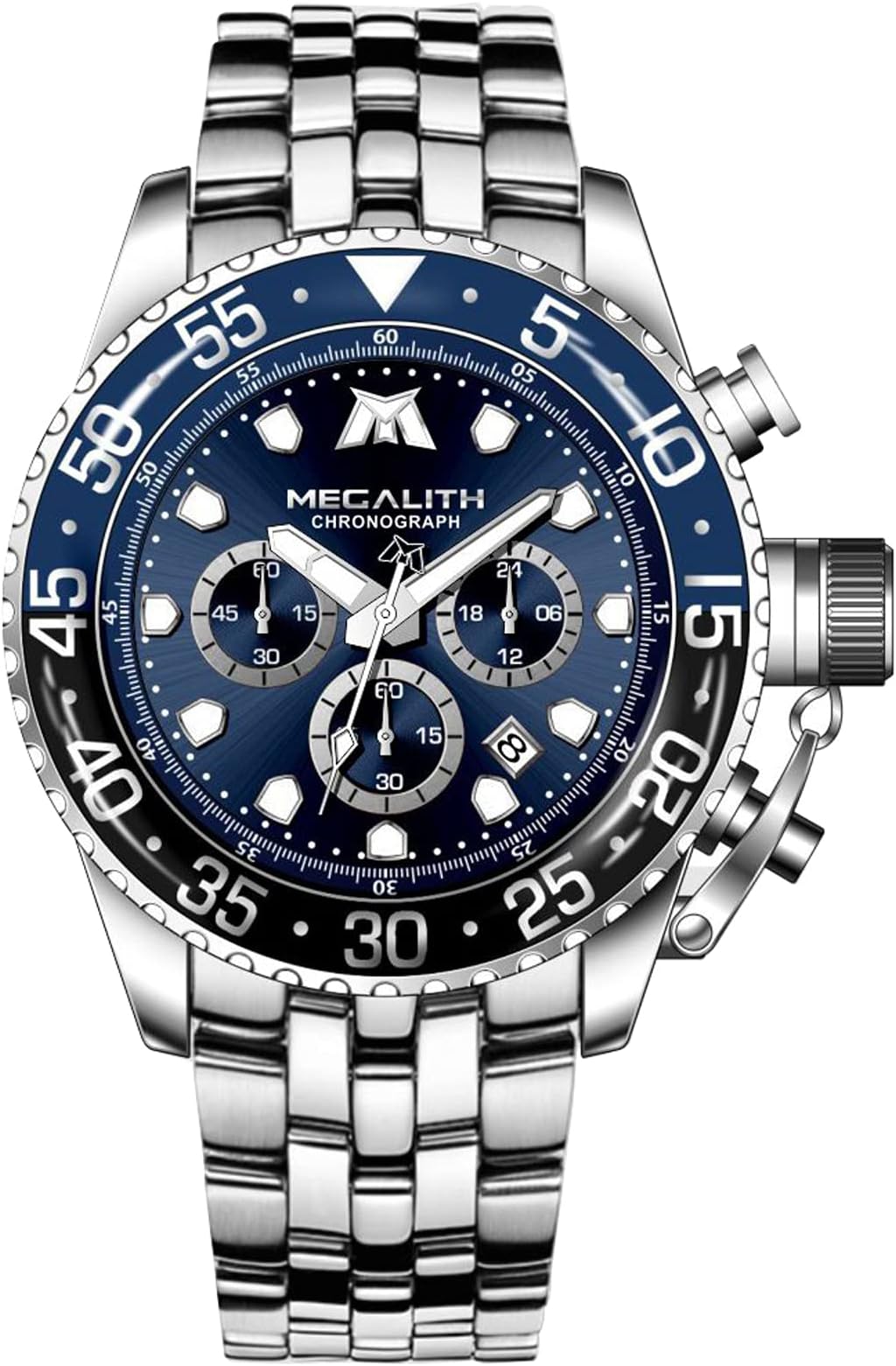 Mens Watches Stainless Steel: Waterproof Chronograph Wrist Watch with Large Dial - Analogue Quartz Watch with Luminous Date - Gift for Business Dress Men