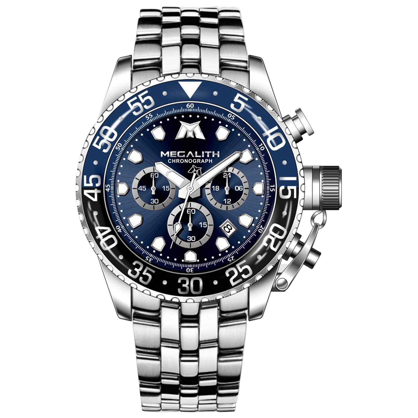 MEGALITHMens Watches Chronograph Waterproof Analogue Quartz Wrist Watches for Men Luminous Date