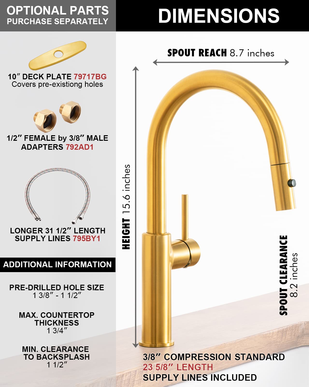 Darnok Luca Kitchen Sink Faucet With Pull Down Sprayer - Luxe Gold Finish, High Arc Spout