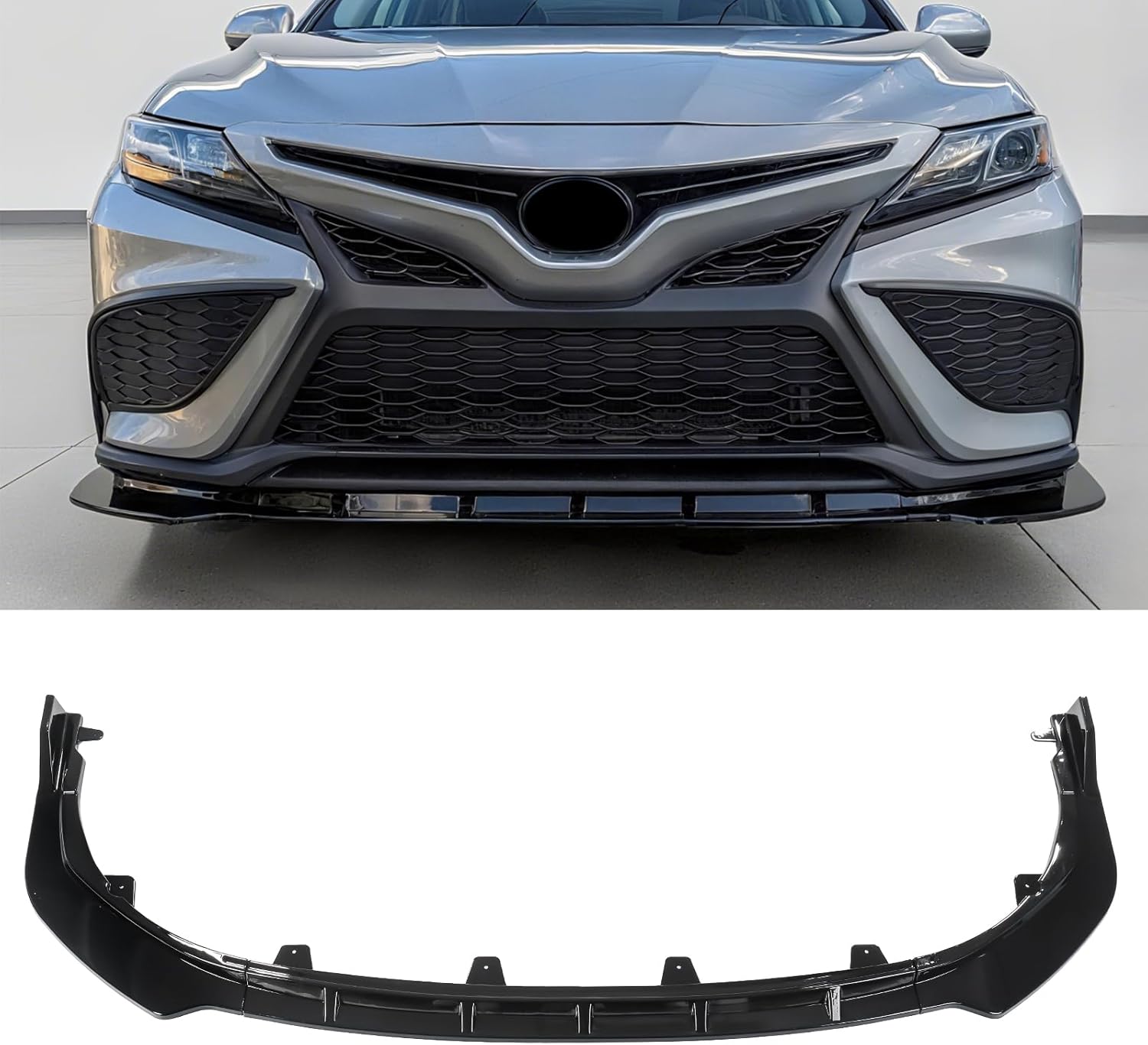 glossy black front lip compatible with 2021-2024 toyota camry se, se nightshade, xse, xse v6, trd, hybrid se, hybrid xse, splitter under chin spoiler body kit for toyota camry