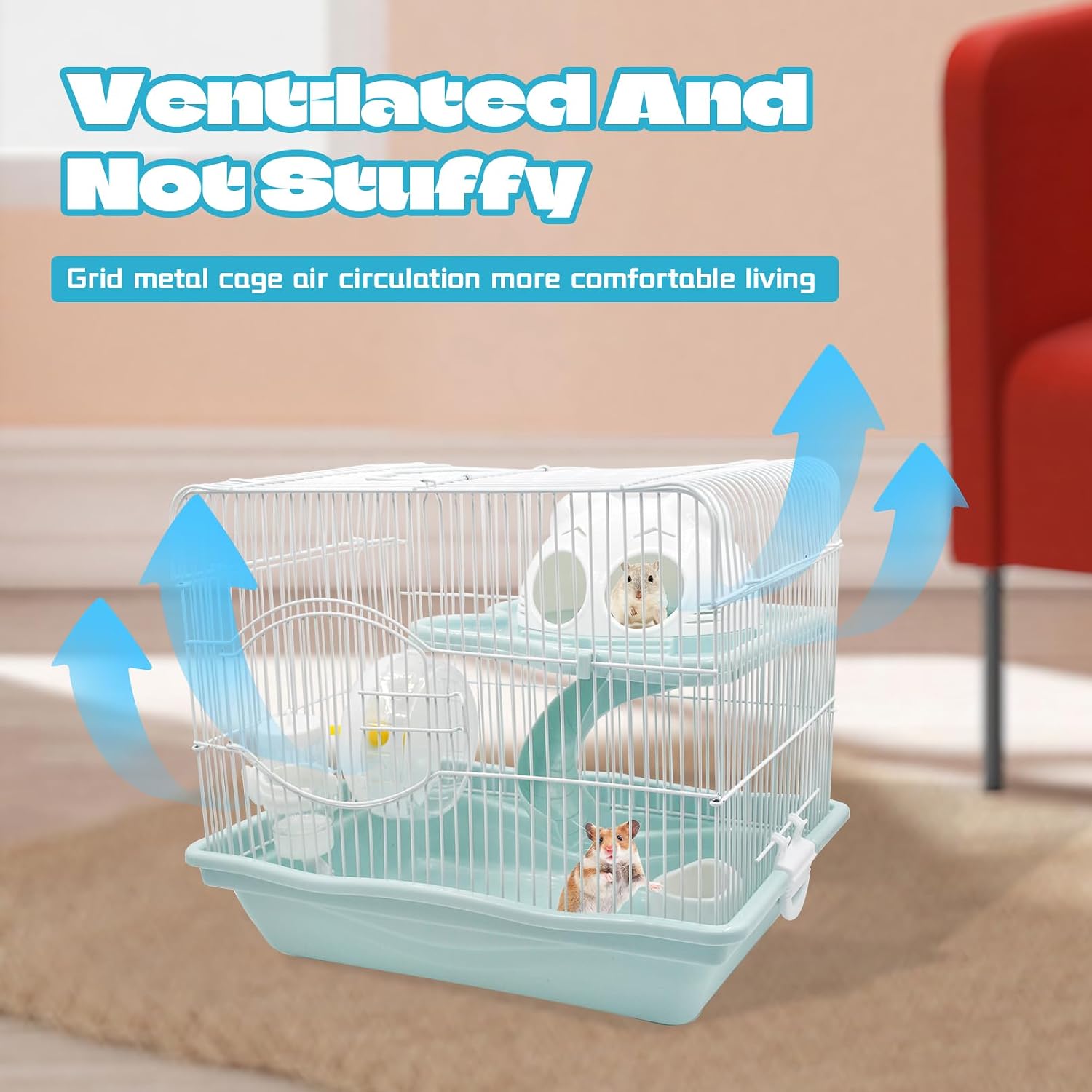 2-Tier Portable Hamster Cage and Habitats,Travel Metal Mouse Cages with Free Water Bottle,Houses and Exercise Wheel for Any Breed of Hamster and Small Animal (14.6x11.0x11.8inch Light Blue)