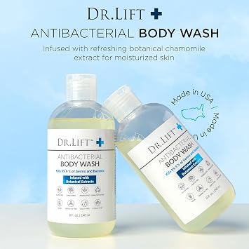 DR. LIFT Antibacterial Body Wash, Refreshing Scent, Hydrating Shower or Bath Cleanser With Citric Acid, Spirulina, and Lemon, Clean Moisturizing Formula, Vegan, Paraben and Phthalate Free, 8 Fl Oz
