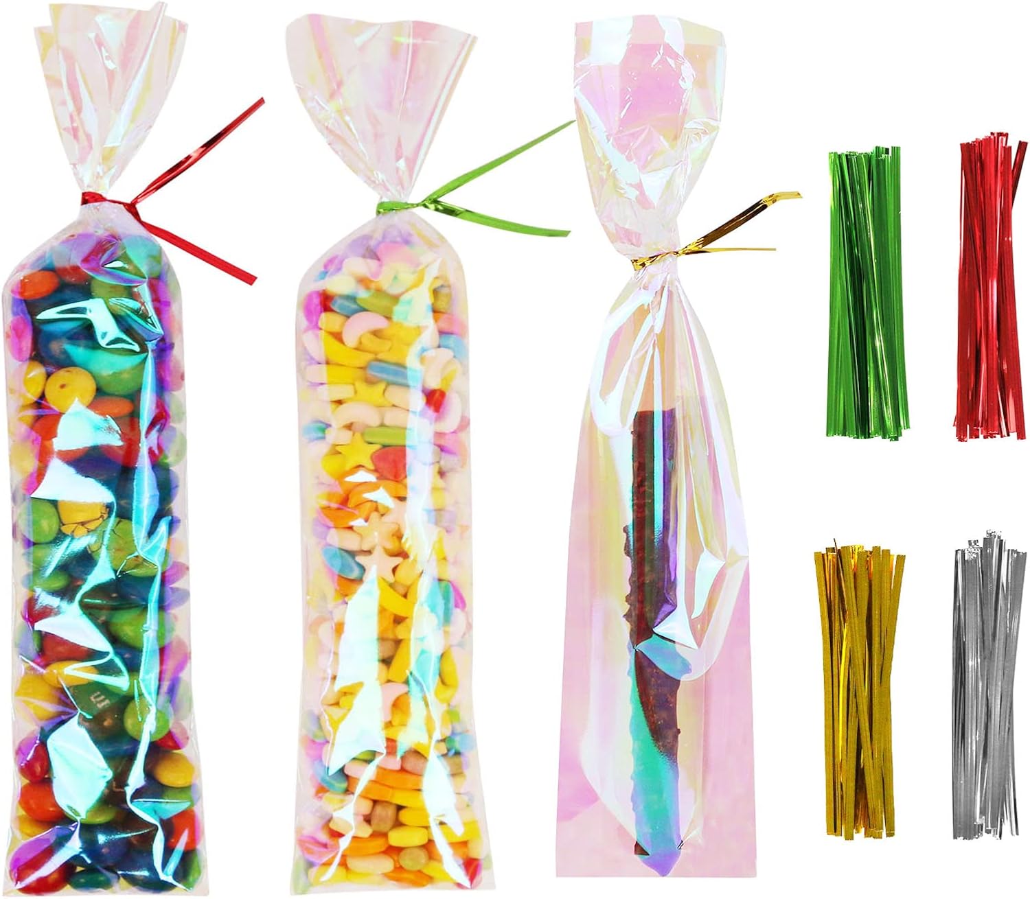 QTOP Cellophane Bags,100 pcs 2.5x11Pretzels Individual Bags Goodie Bag, Candy Bags with 4.7" Colored Twist Ties for Baby Showers Weddings Halloween Christmas Birthday Party