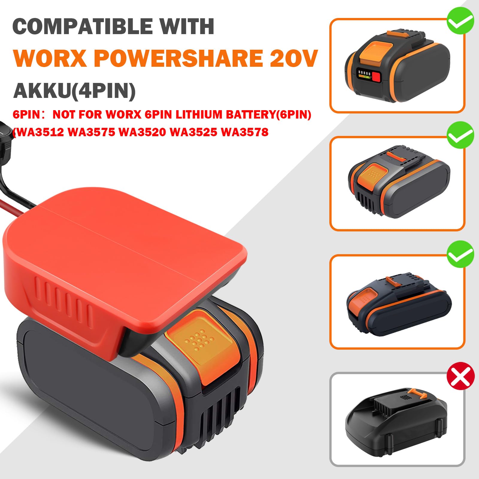 TPDL 2 adattatori Power Wheel per Worx 20 V PowerShare batteria r, adattatore batteria con cavo da 14 AWG, 3 fusibili, interruttore per fai da te, giocattoli RC, ride on Truck