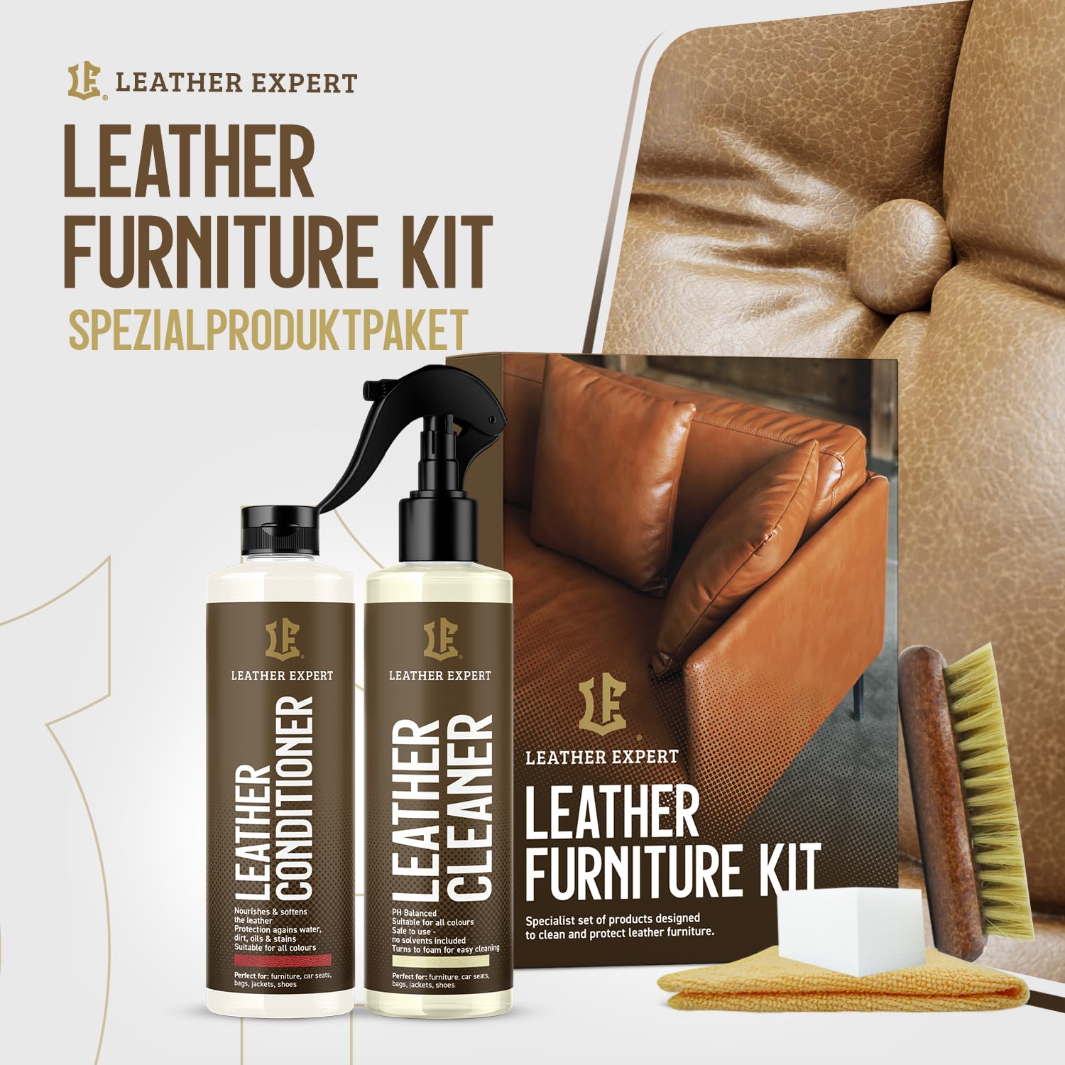Kit d'entretien pour canapé en cuir - Couleur neutre - Nettoyant pour cuir et cuir - 250 ml - Biodégradable - Soin du cuir pour meubles - Élimine les odeurs désagréables - Avec accessoires