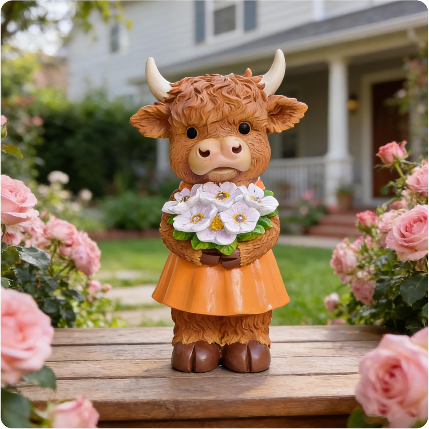 Solar-Powered Resin Highland Cow Statue with Orange Skirt & Light-Up Purple Flower Bouquet - Garden Decor & Outdoor Welcome Piece