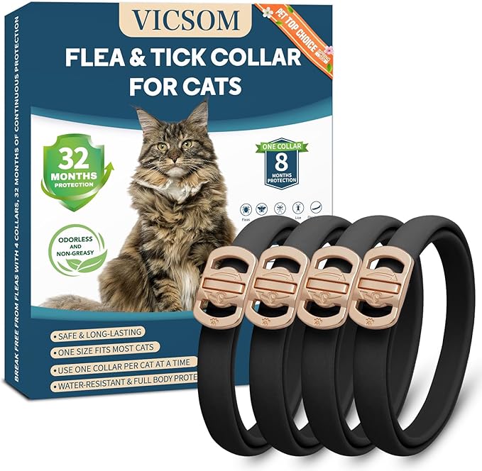 Flea Collar for Cats 4 Pack, 32 Months Flea and Tick Prevention for Cats Collar, Waterproof Cat Flea Collar, Natural Cat Flea and Tick Treatment Collar, Adjustable Flea Collar for Cat Kitten, Black