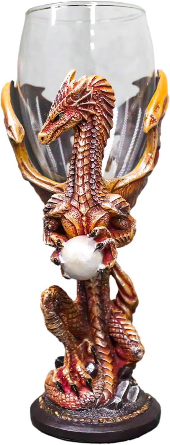 Ebros Gift Ruth Thompson Rust Dragon Pearl Guardian Glass Wine Goblet Chalice Cup Dragon Blade Series Collection Mythical Fantasy Party Hosting Accent