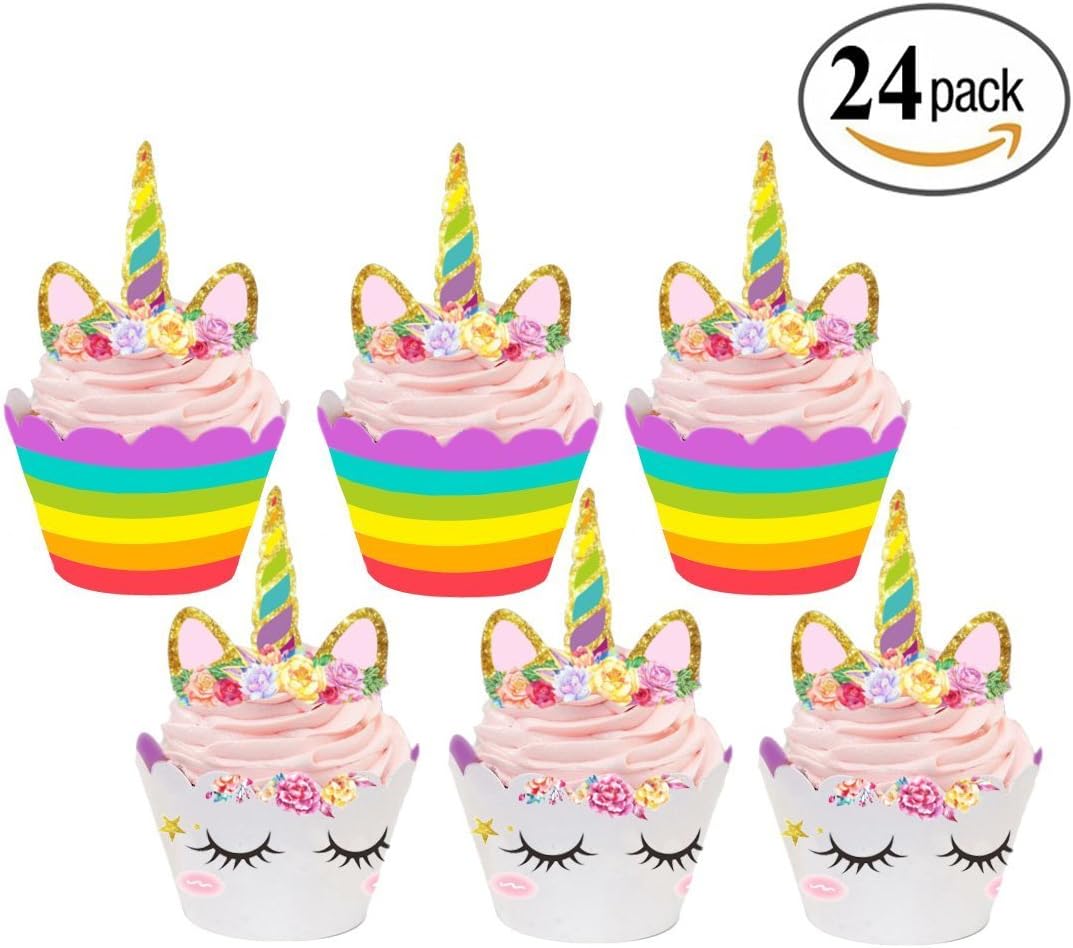 Unicorn Cupcake Toppers and Wrappers Double Sided Kids Party Cake Decorations Set of 24 (24pcs)