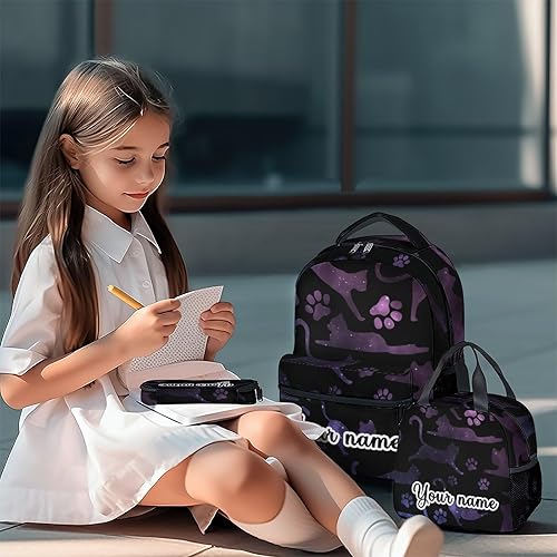 Miniatura 2 de Mochila personalizada para gatos con lonchera y estuche para lápices, mochila escolar de 16 pulgadas con correas ajustables, duradera, ligera, de