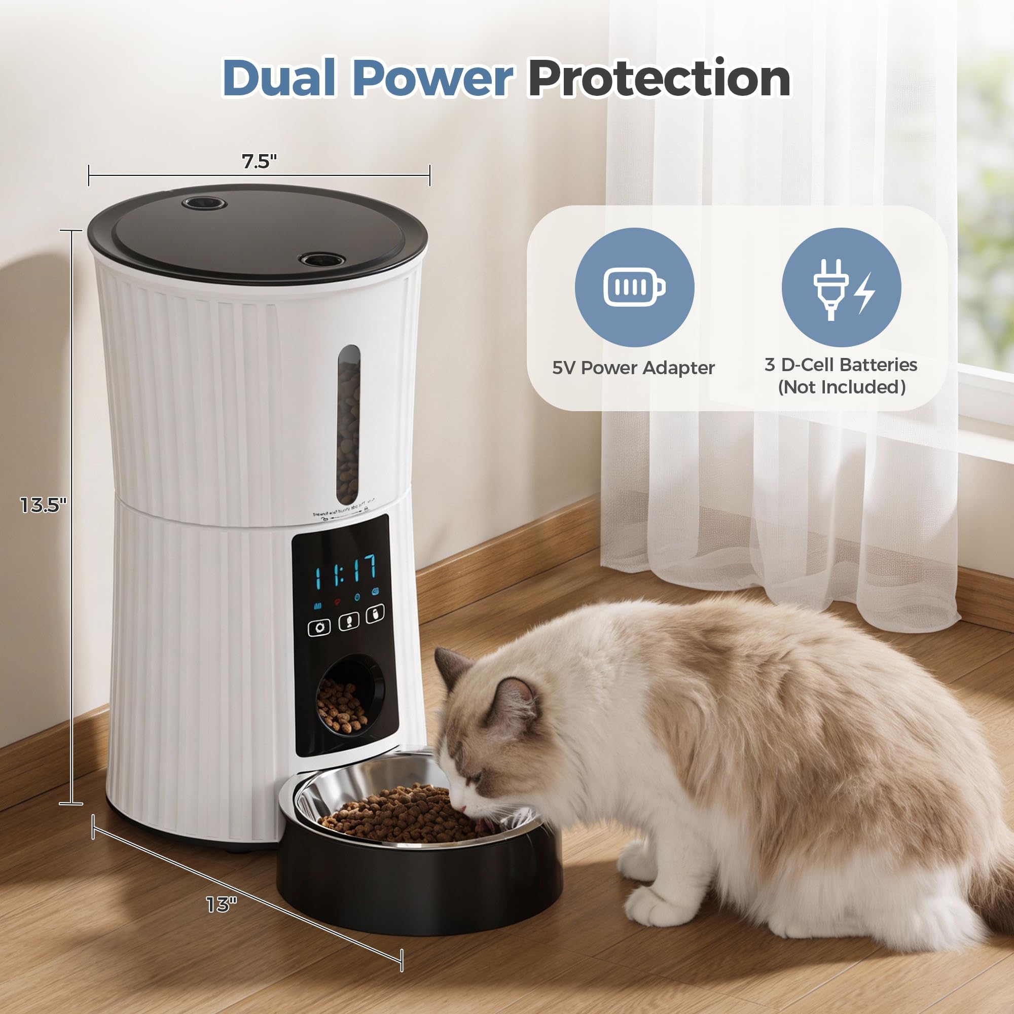 DUMOS Automatic Cat Feeder, 4L Timed Cat Food Dispenser with APP Control, 10s Voice Recorder, Dual Power Supply, 2.4G WiFi Indoor Programmable Pet Feeder with Desiccant for Small Cats and Dogs, White - image 6