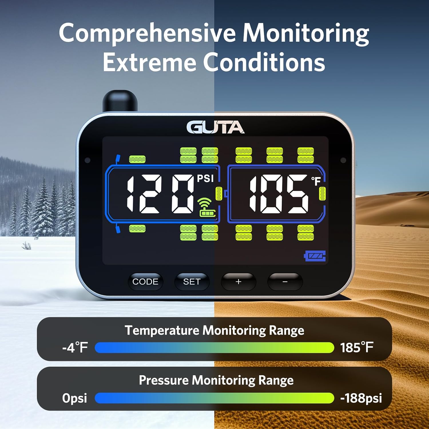 GUTA Trailer Tire Pressure Monitoring System, RV Tire Pressure Monitor with 10 Sensors, 6 Alert Modes, Signal Booster, Large Color Display, Long Sensing Distance, 0-188PSI TPMS for RV Trailer Semi