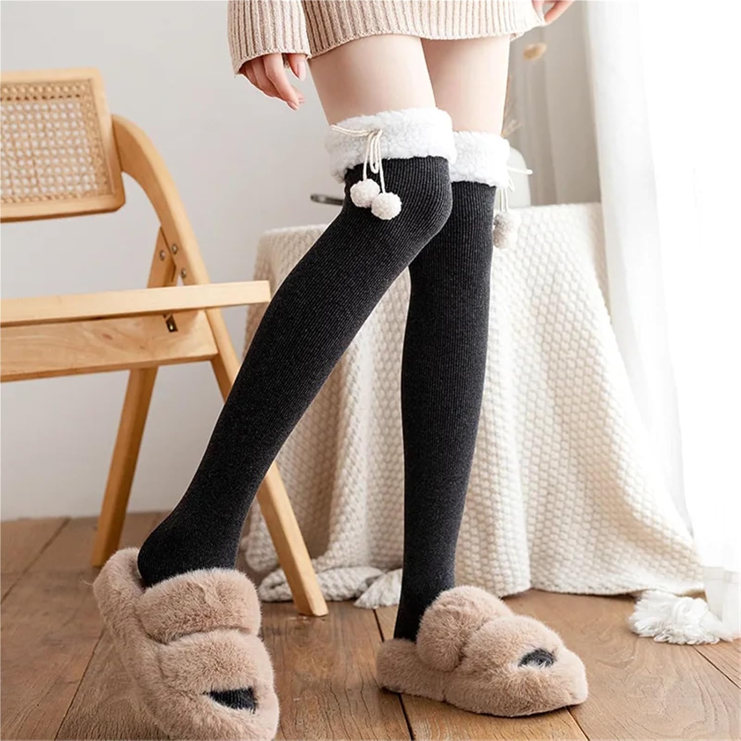 Over The Knee Socks 5 PCS Fur Wool Ball Long Knee Socks For Women Over Thigh High Stockings Autumn For Women