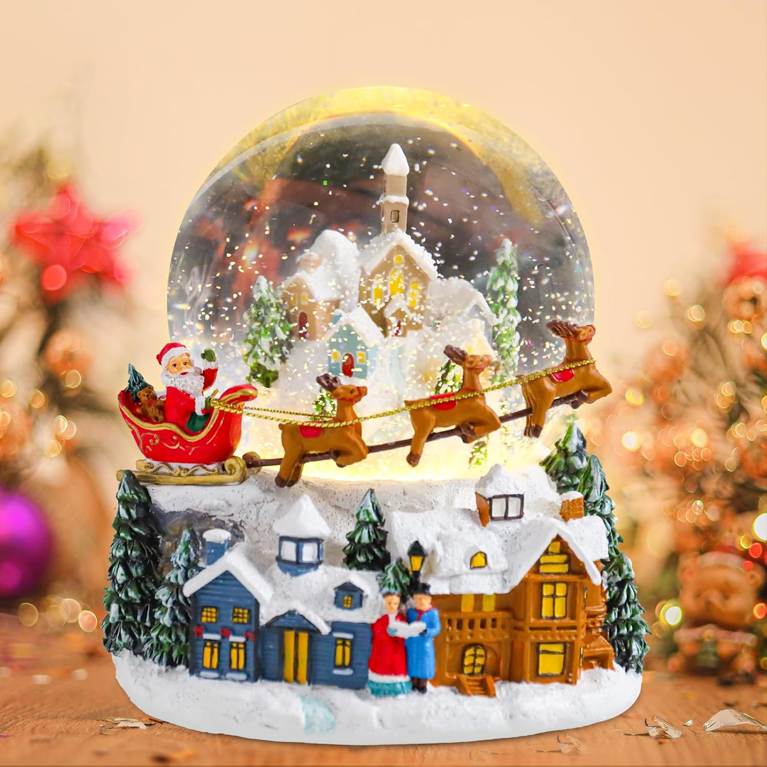 Christmas Snow Globes Musical Snow Globes Color Changing Lighted Water Globe with Village Building & Santa Claus on Elk Sleigh Decor Battery Powered Resin Glass Balls Table Decor