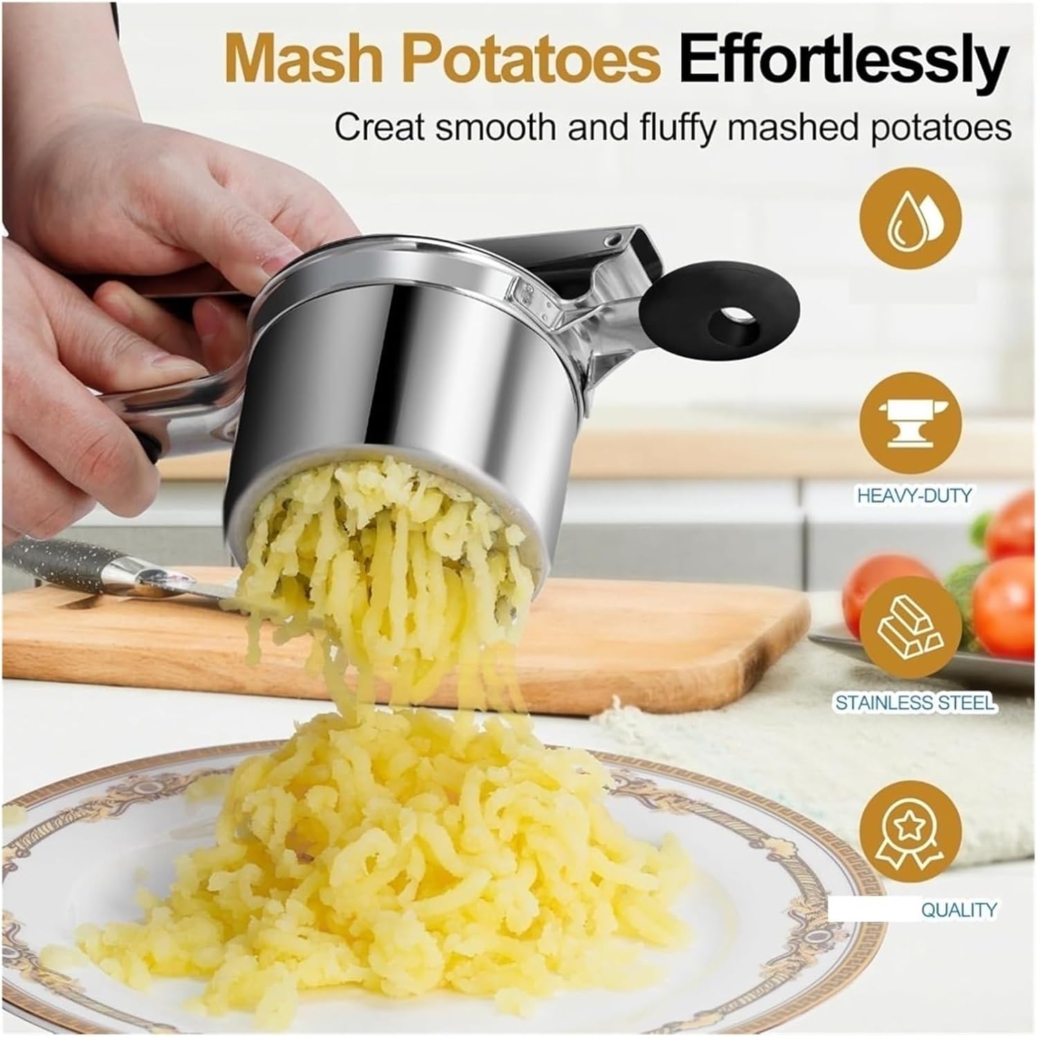 Stainless Steel Potato Ricer - Heavy Duty Masher for Fruits and Vegetables with Handles