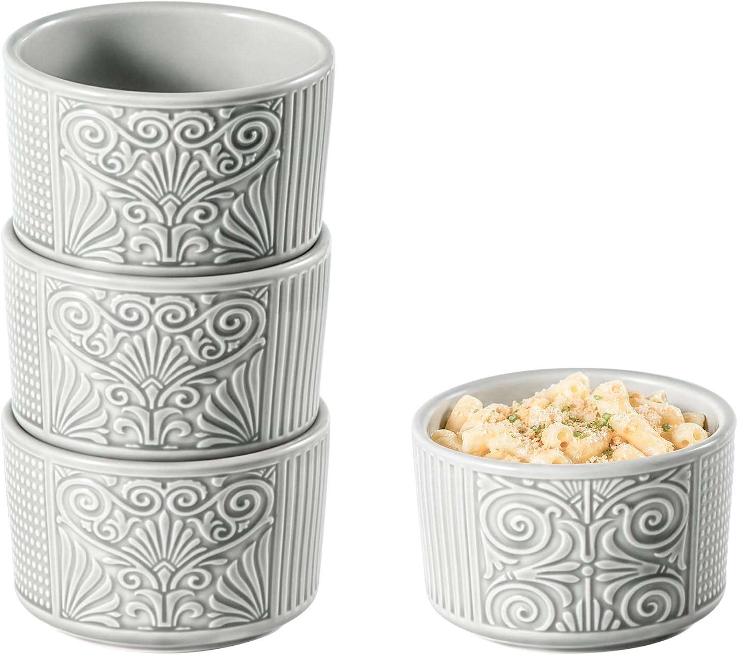 10 oz Embossed Ceramic Ramekins, Set of 4 for Creme Brulee