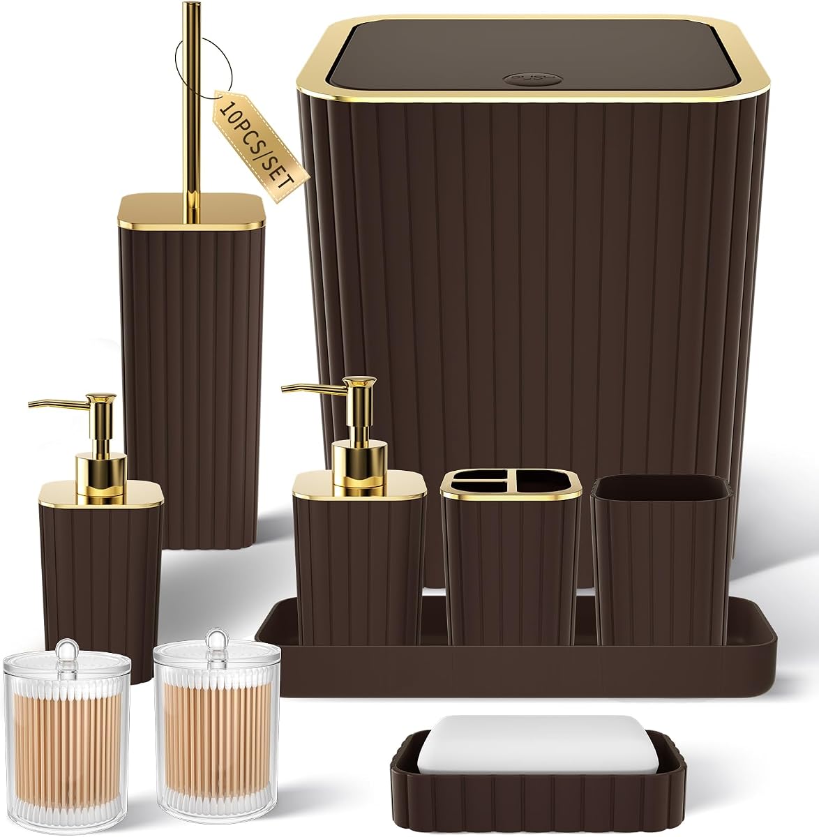 XLHOMO Juego de accesorios de baño: magnífico juego de baño, 10 piezas de accesorios de baño marrones, juego de accesorios de baño, escobilla de inodoro, bote de basura, dispensador de soporte Qtip y dispensador de jabón
