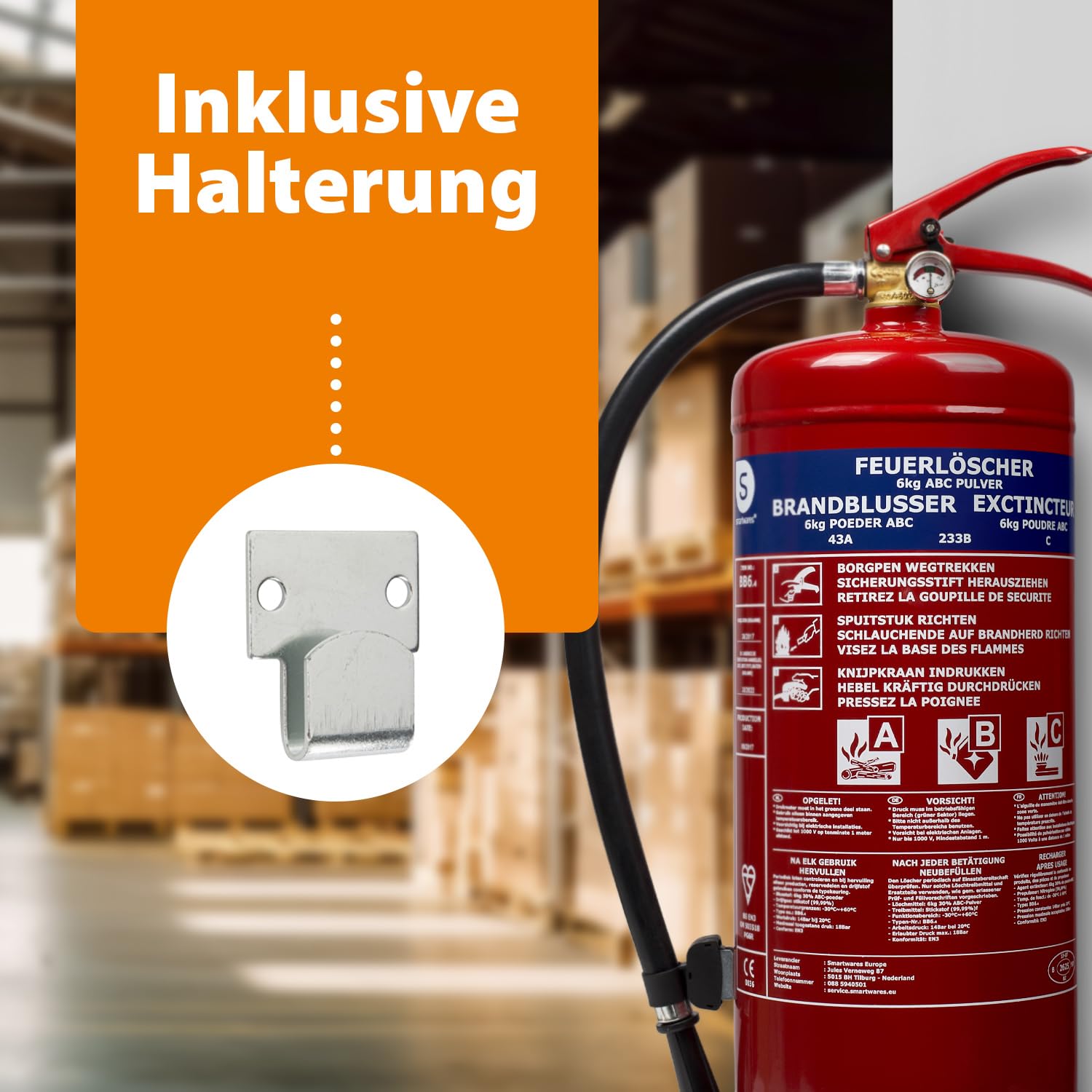 Smartwares Pulverlöscher – 6 kg – für ABC Brände – mit Halterung – FEX-15167