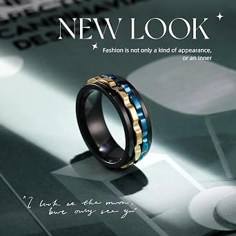 Men's Gear Spinner Rings Stainless Steel Fidget Ring Anxiety Ring,Stress Relief Fidget Rings,Blue Gold Gear Spinner Design,Stylish and Durable Jewelry for Men,Size 7