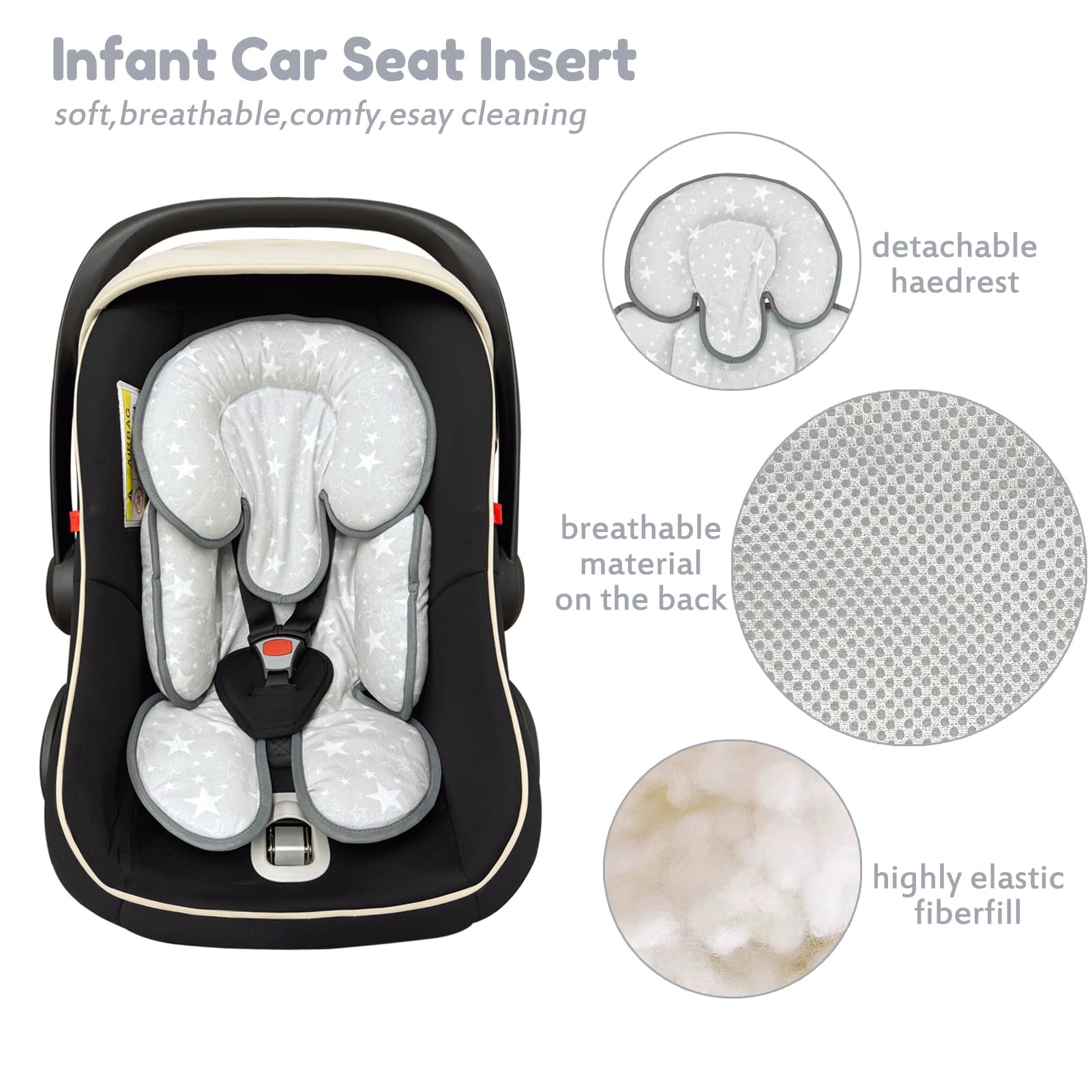 Inserto de asiento de coche infantil, almohada reversible 2 en 1 para asiento de coche de bebé, almohada de apoyo para la cabeza del asiento de coche para recién nacidos, inserto de cojín para