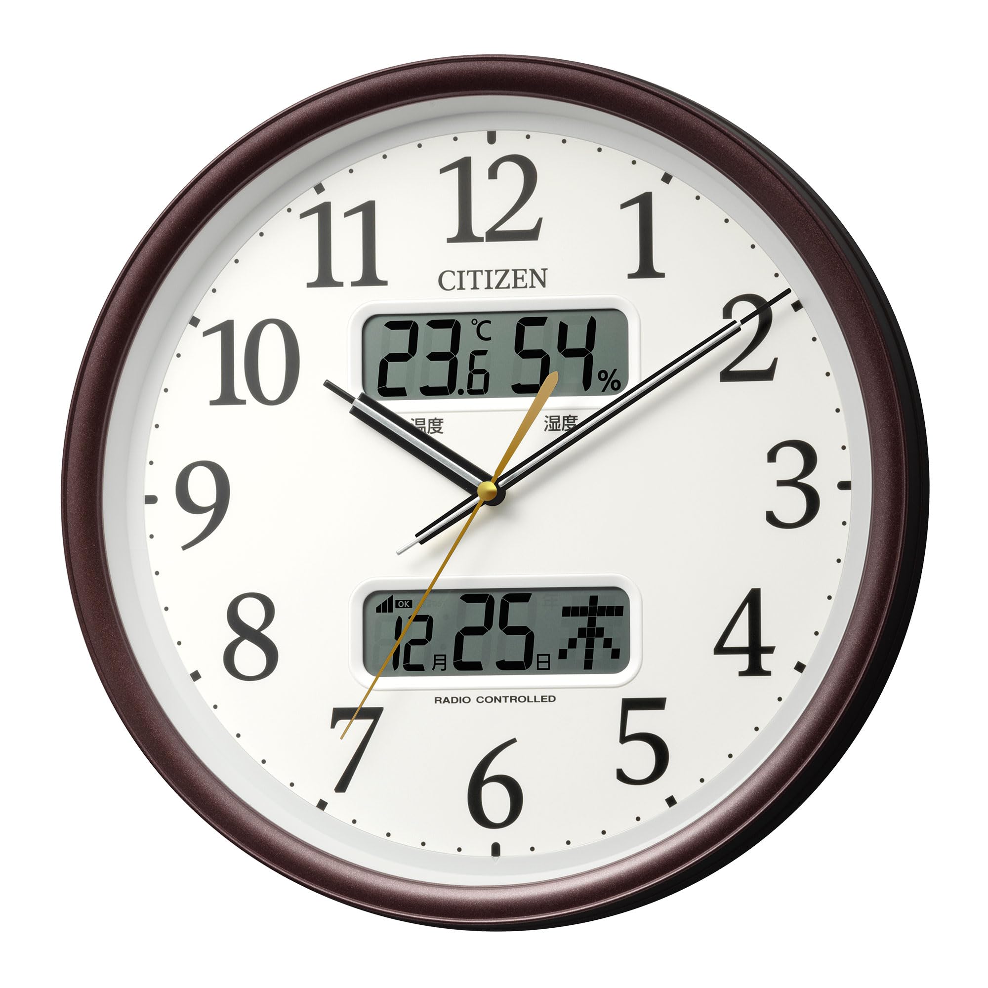 リズム(RHYTHM) シチズン 掛け時計 電波時計 アナログ 温度 湿度 カレンダー (デジタル 液晶表示) 静かな 連続秒針 茶色 Φ35x5.6cm CITIZEN 8FYA06-006