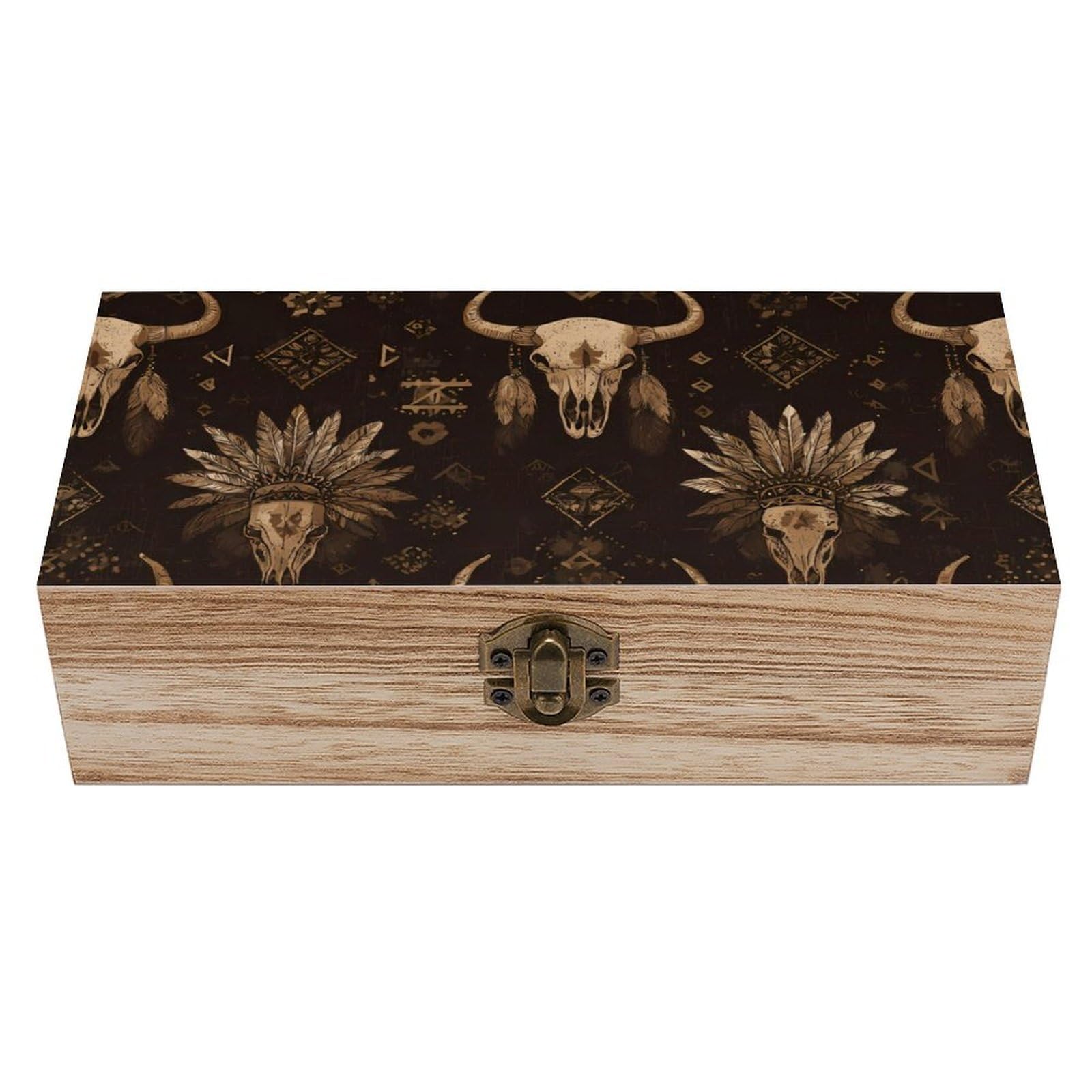 HLBSDM Native U.S.A. Tribal Skull Wooden Storage Box Craft Memory Keepsake Treasure Chest Box Jewelry Organizer