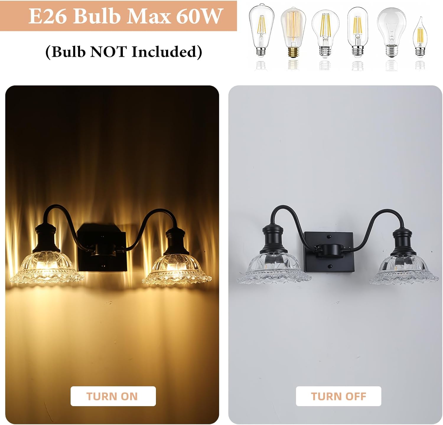 Farmhouse Vanity Lights, 2-Light Vanity Light with Clear Flower Glass Shade, Bathroom Lights Fixtures Over Mirror, Vintage Wall Sconce for Bathroom, Dressing Table