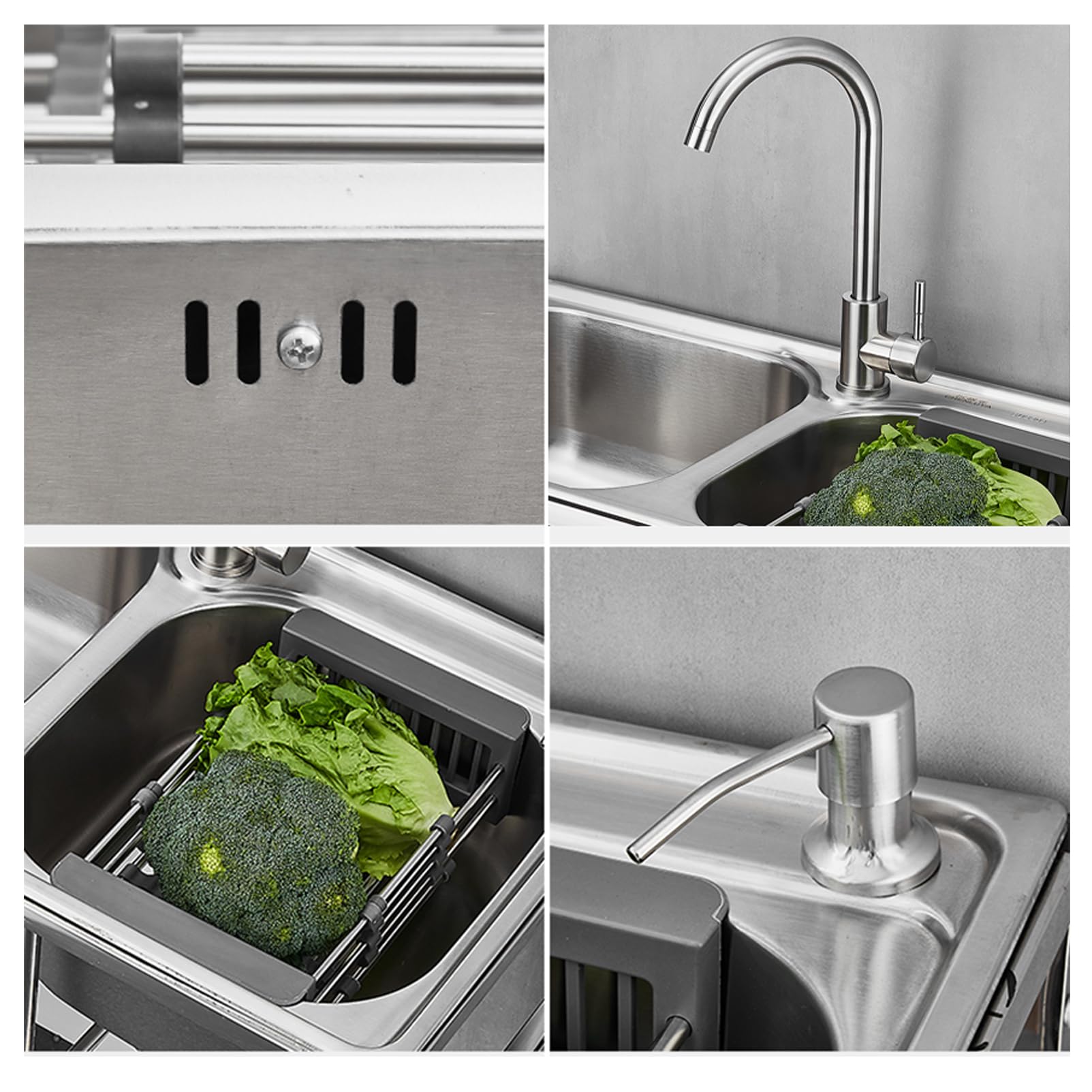 Lavello Commerciale a Doppia Vasca in Acciaio Inox, autoportante, con Rubinetto, Mobile per Esterni, Ideale per ristoranti e lavanderie, dal Design Resistente e Versatile.