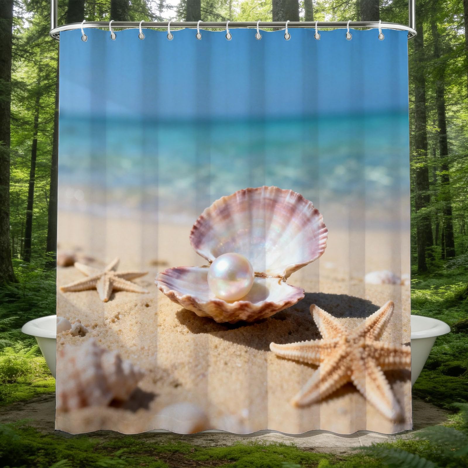 Hongduo 3D Pearl Shower Curtain for Stalls Bathtubs Ocean Theme Bathroom Decor Shower Curtain Set Polyester Fabric Waterproof 180x200cm/71X79 Inch with Hooks