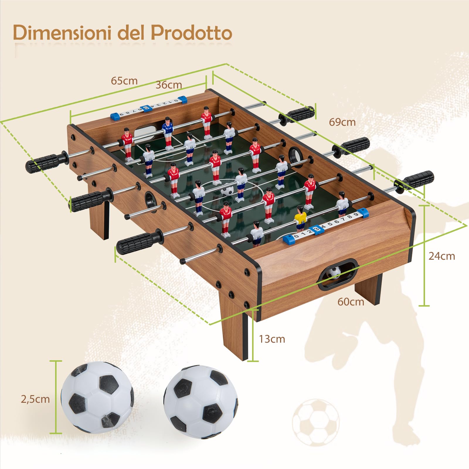 RELAX4LIFE Tavolo da calcio balilla da 69 cm, tavolo da gioco in legno con 2 palline e segnapunti, 4 gambe, calcio balilla portatile per bambini e adulti, 2-4 giocatori, per sale giochi e bar