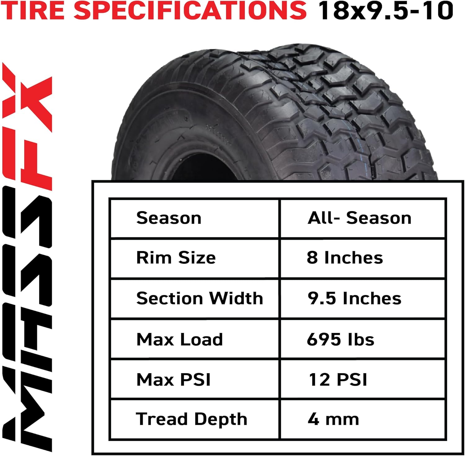 MASSFX 18x9.50-8 front or rear Turf Tire for golf carts and lawn mowers, 4-Ply with chevron tread for excellent traction and easy cleaning, Non-highway use only, 18/9.5-8,18x9.50x8