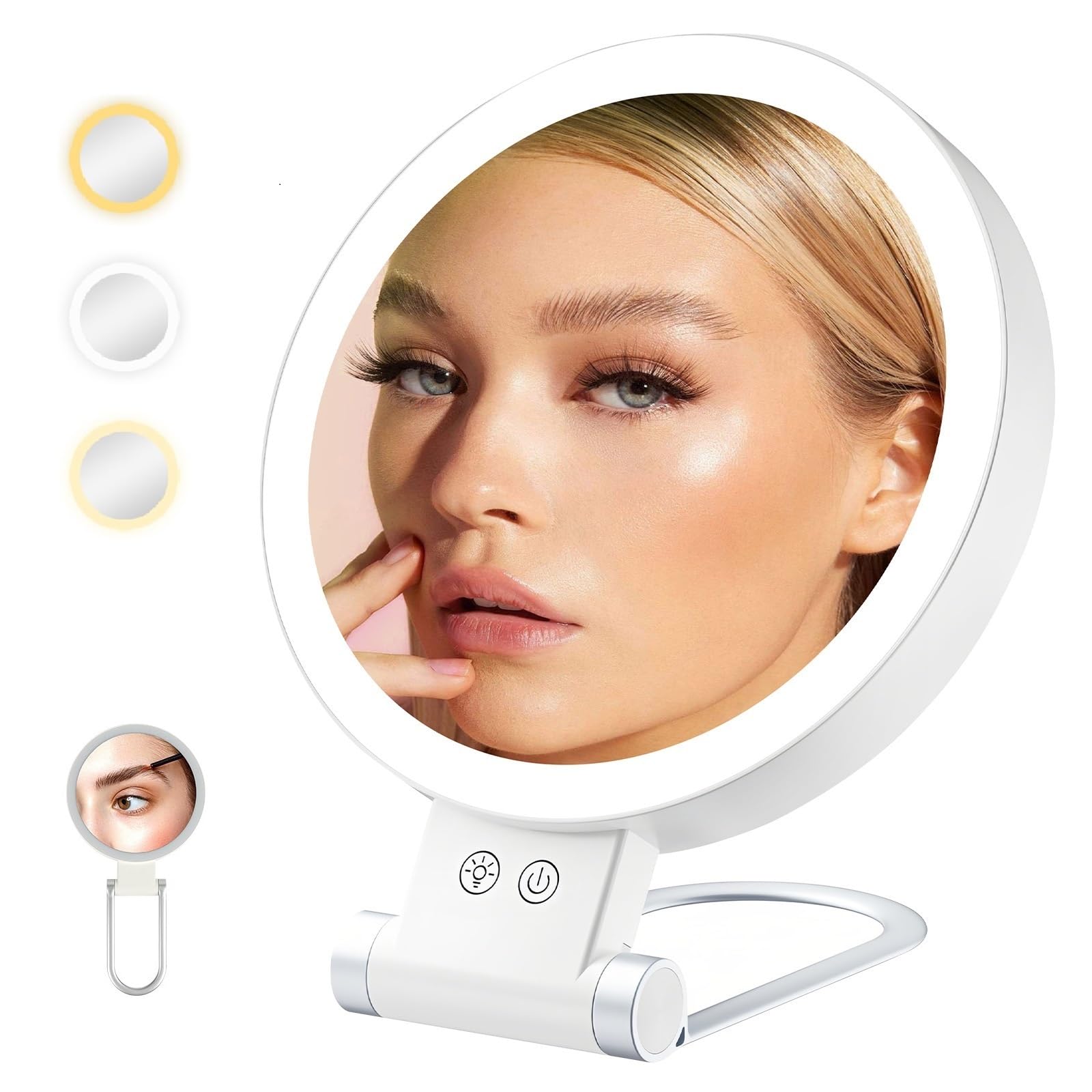 Cuteefun Espejo Aumento 20X, Espejo Maquillaje con Luz de Doble Cara, Espejo de Tocador Regulable en 3 Colores, Espelhos Maquiagem de Sobremesa LED Plegable Recargable para Dormitorio, de Viaje