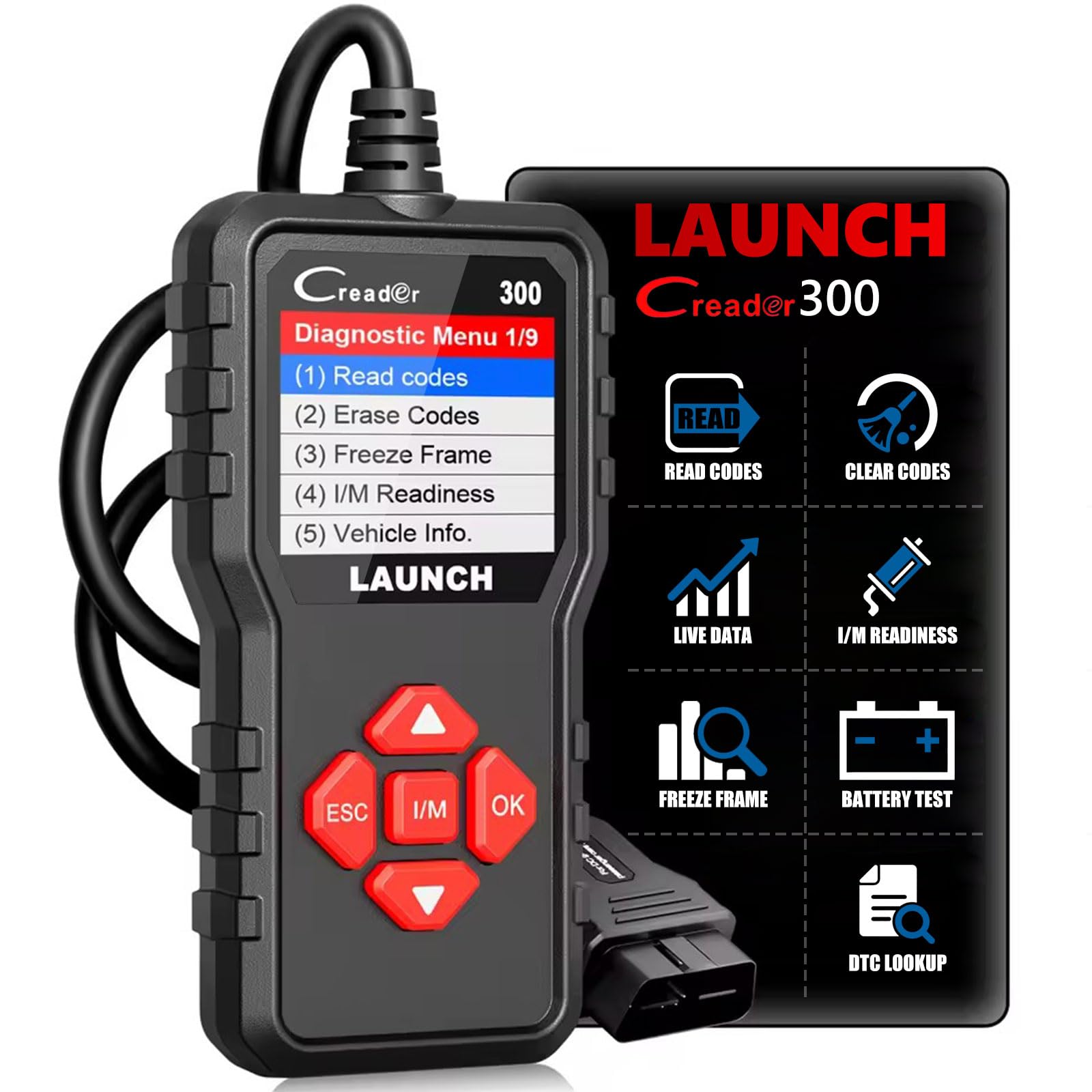 LAUNCH Creader 300 Valigia Diagnostica OBD2 – Lettore Codici Motore Completo. Strumento Scan OBD-II con Display Color 1.7", Test Batteria e Dati in Tempo Reale. Plug & Play per Tutti i Veicoli OBD2