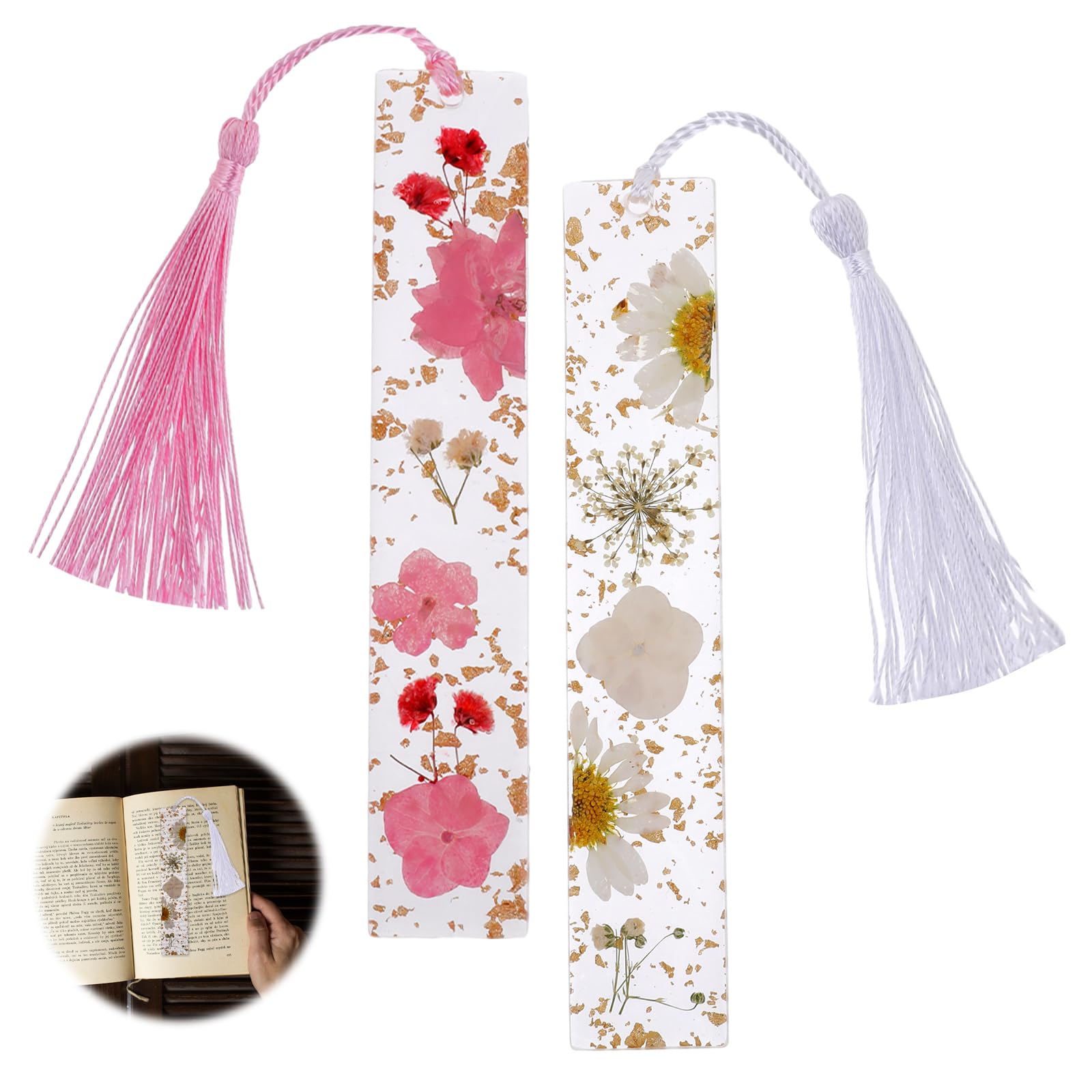 Press Embossed Flower Book Mark, 2 Pcs Handmade Dried Flower Bookmarks with Colorful Silky Tassels Transparent Resin Page Marker Durable Book Accessories for Women Girls Student School Season