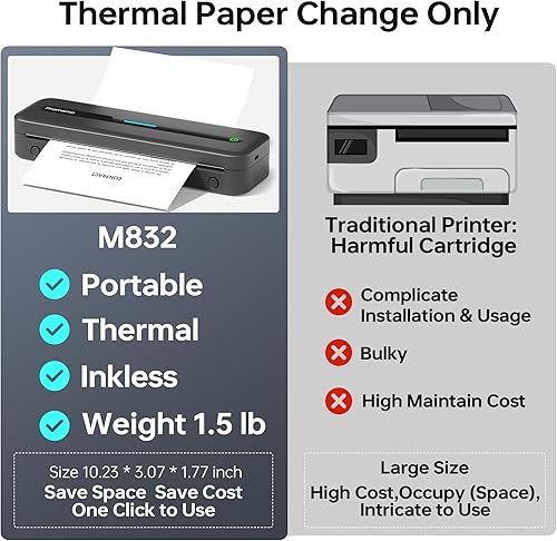 Miniatura 7 de Phomemo Portable Printers Wireless for Travel, M832 Inkless Thermal Printer Support 8.5'' x 11'' US Letter & A4 Paper,Bluetooth Mobile Printer