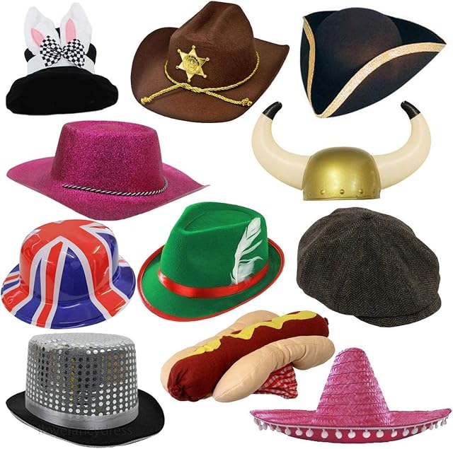 PACK OF 11 PARTY PHOTO BOOTH PROP HATS. NOVELTY FANCY DRESS HEADWEAR. FUNNY HATS FOR BIRTHDAYS, GRADUATIONS, WEDDINGS, & PARTIES. SIZE: PACK OF 11