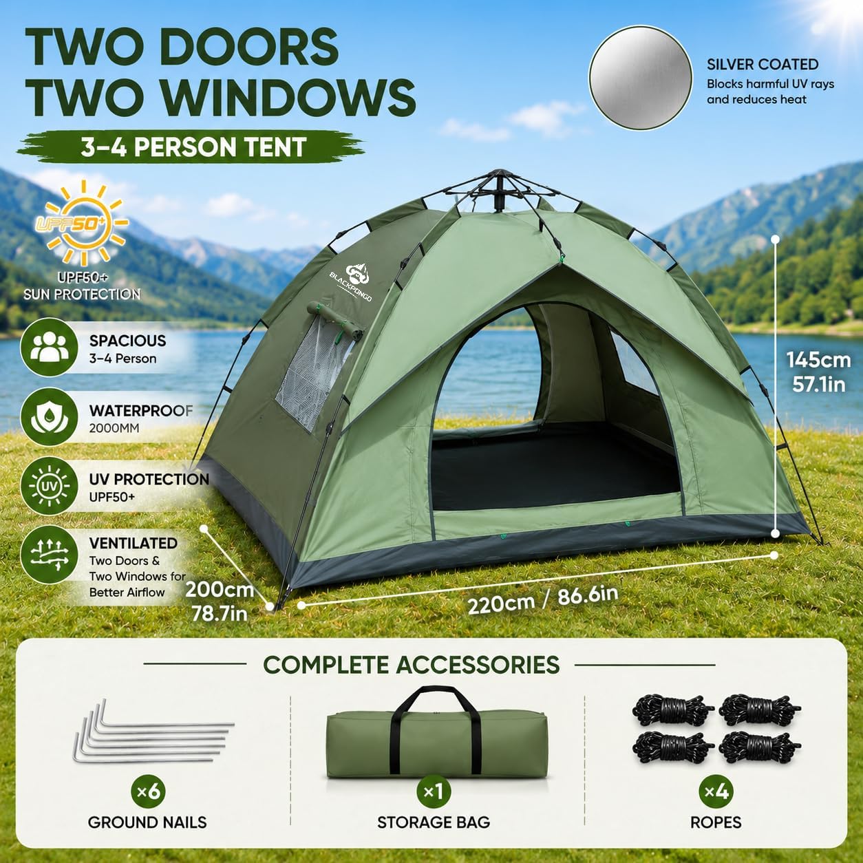 3-4 Person Instant Camping Tent, 3-Second Pop Up Tent with 2 Doors & 2 Windows, Waterproof 2000MM, UPF50+ UV Protection Family Outdoor Tent