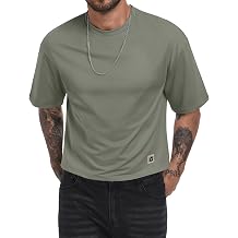 Vssjavun Mens Cropped T Shirt Boxy Top Heavy Drop Shoulder Short Sleeve Tee | Solid Color Short Hem Design Crew Neck Short Sleeve Relaxed Fit Basic Top Tee for Gym Hip Hop Streetwear Casual Y2K Skater