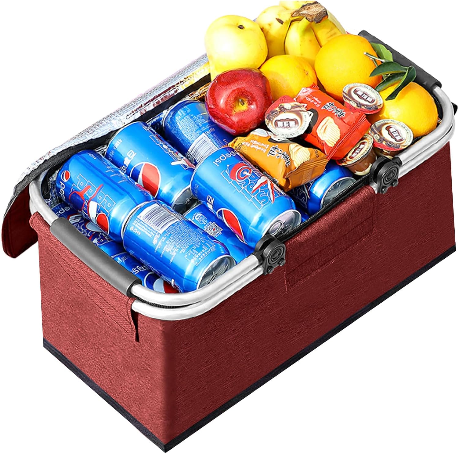Picnic Basket 25L Shopping Basket Folding Picnic Basket with Handle Lid Waterproof Cooler Bag Thermal Basket for Camping Trips Shopping Outdoor Activities (Red)