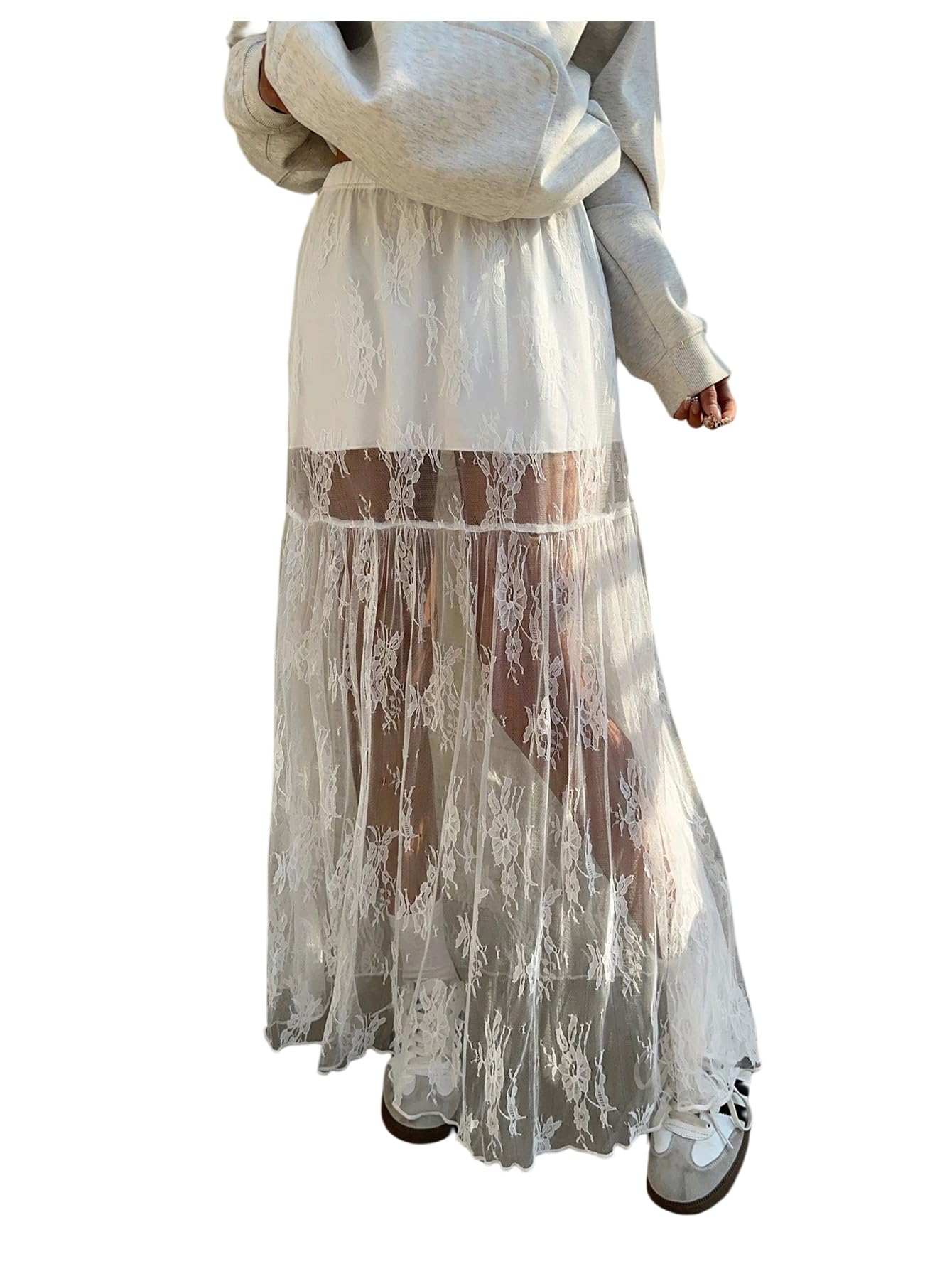 GORGLITTER Women's Lace Maxi Skirts High Waisted Sheer Mesh Ruffle Hem Flowy A Line Long Pencil Skirt Renaissance Fairy Skirt Medium White