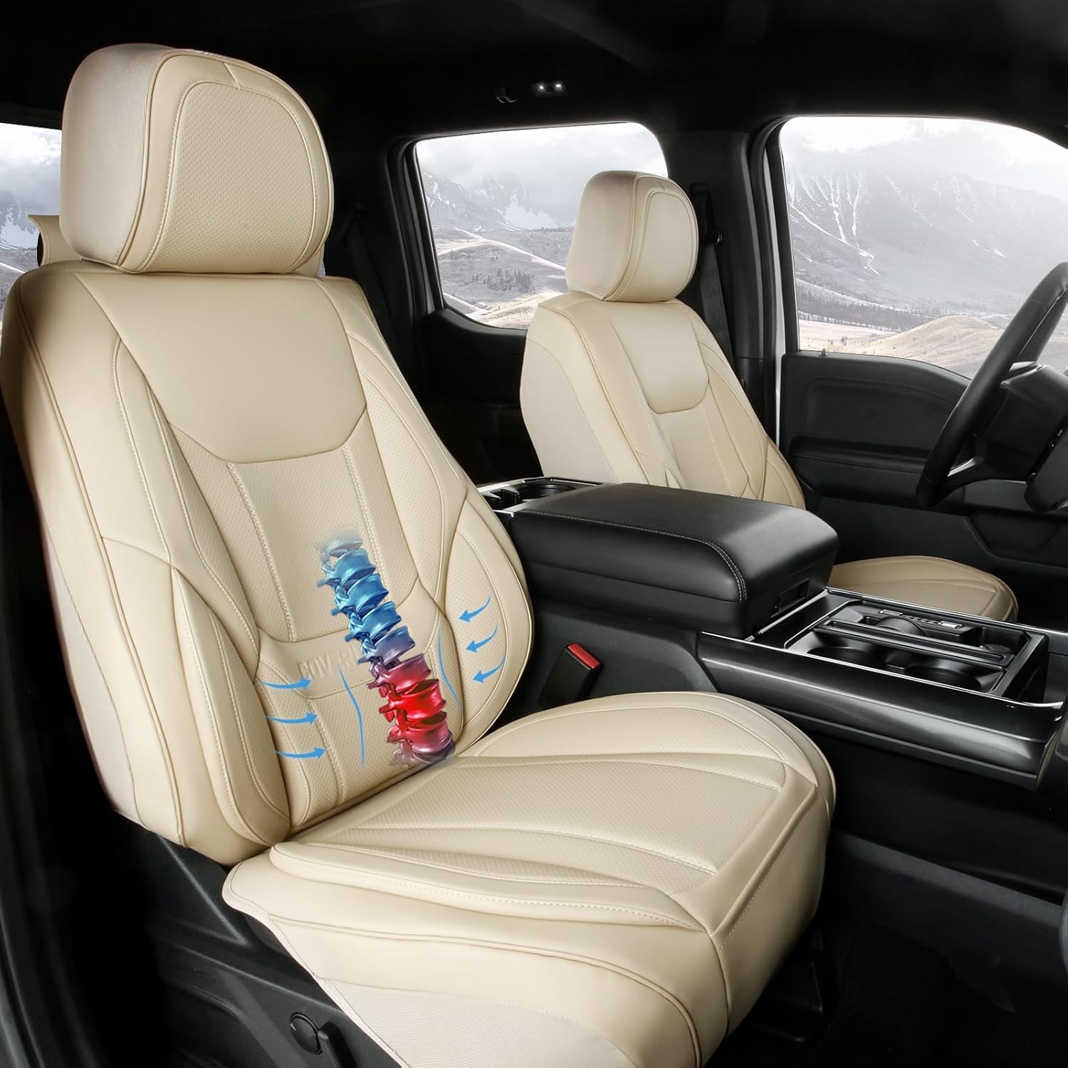 Coverland Custom Car Seat Covers Full Set, 2011-2024 F-450 Super Duty Crew Cab, Super Cab, Airbag Compatible, Water Resistant Leather, Memory Form Back Support Car Seat Cushion (Full Set - Beige)
