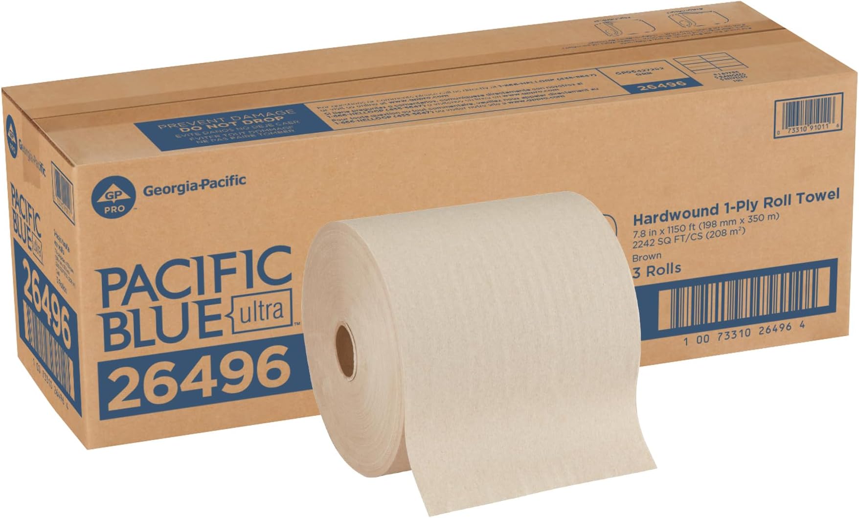 Georgia-Pacific Pacific Blue Ultra 8" High-Capacity Recycled Paper Towel Rolls by GP PRO (Georgia-Pacific); Brown; 26496; 1;150 Linear Feet Per Roll; 3 Rolls Per Case