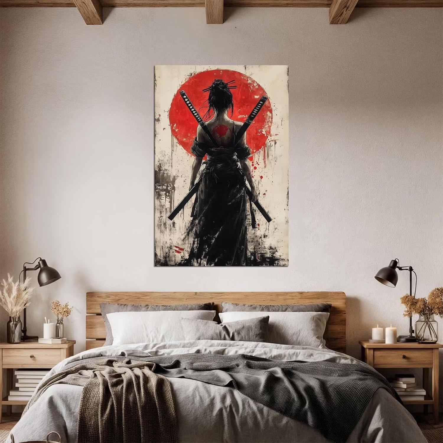 Geisha Samurai Picture Wall Art Prints Japanese Samurai Wall Decor for Home Living Room Bedroom Asian Artwork Framed Ready to Hang(12''W x 16''H)