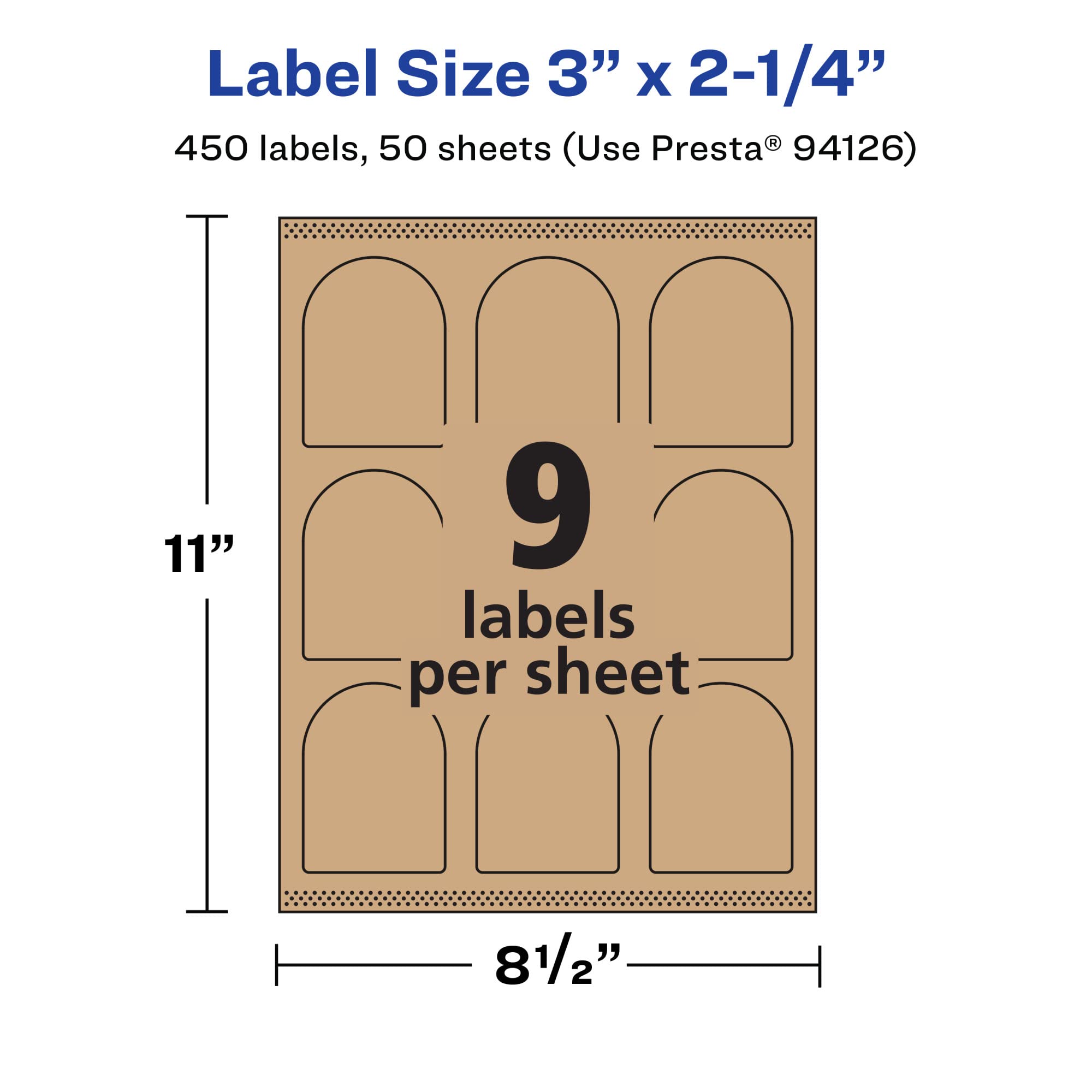 Avery Etichette ad arco marrone Kraft con alimentazione sicura, 7,6 x 5,7 cm, 450 etichette marroni in carta kraft, etichette stampabili a bordo, stampabili a laser e a getto d'inchiostro