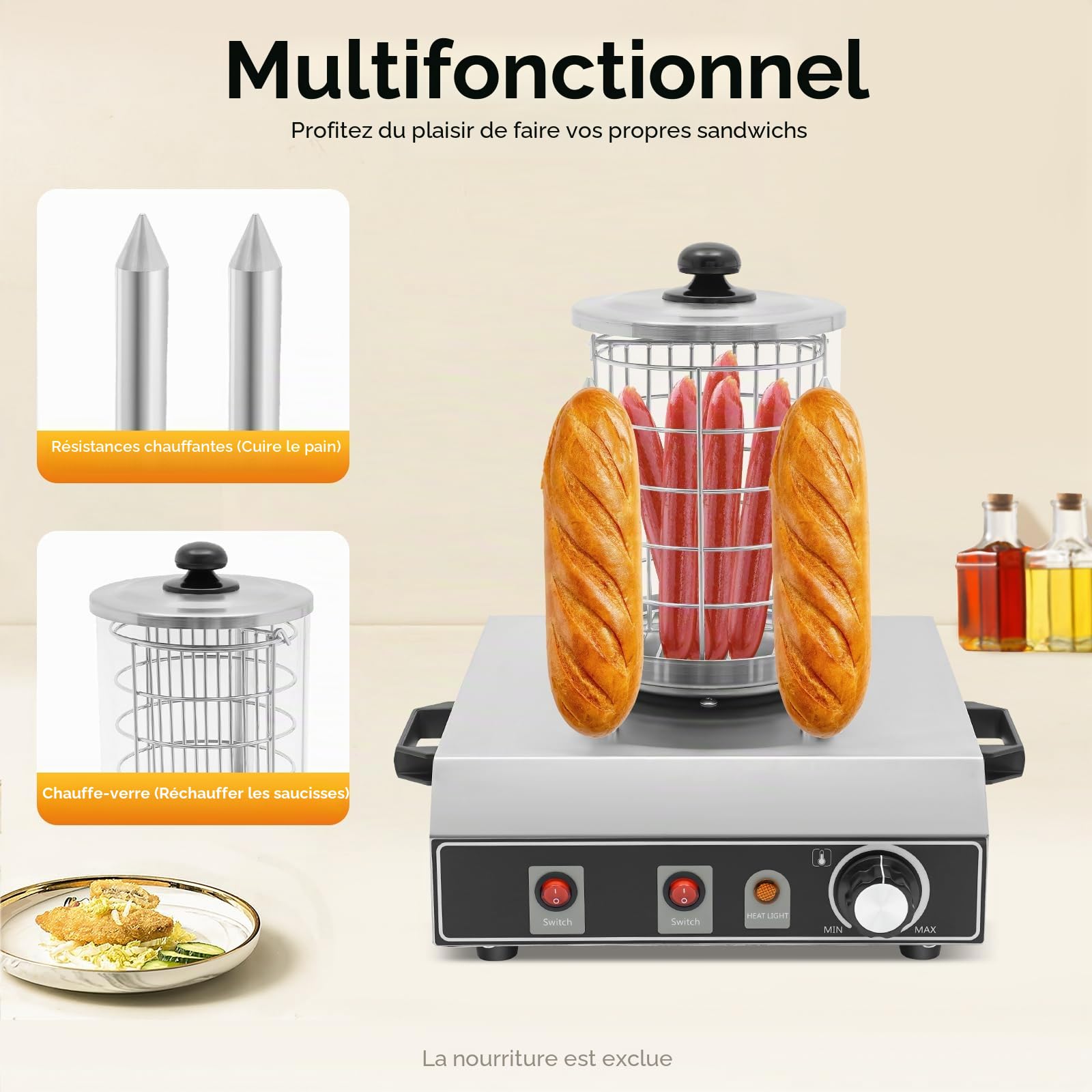 Chauffe-saucisses, réchaud à saucisses, appareil de cuisson à saucisses, chauffe-saucisses, en acier inoxydable, température réglable de 0 à 185 °C, pour la maison, restaurant, café, boulangerie