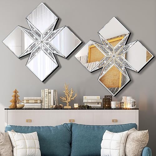 Miniatura 8 de Espejo decorativo de diamante triturado, paquete de 2 unidades de 16.75 x 16.75 pulgadas, espejo de pared con forma de diamante para decoración del